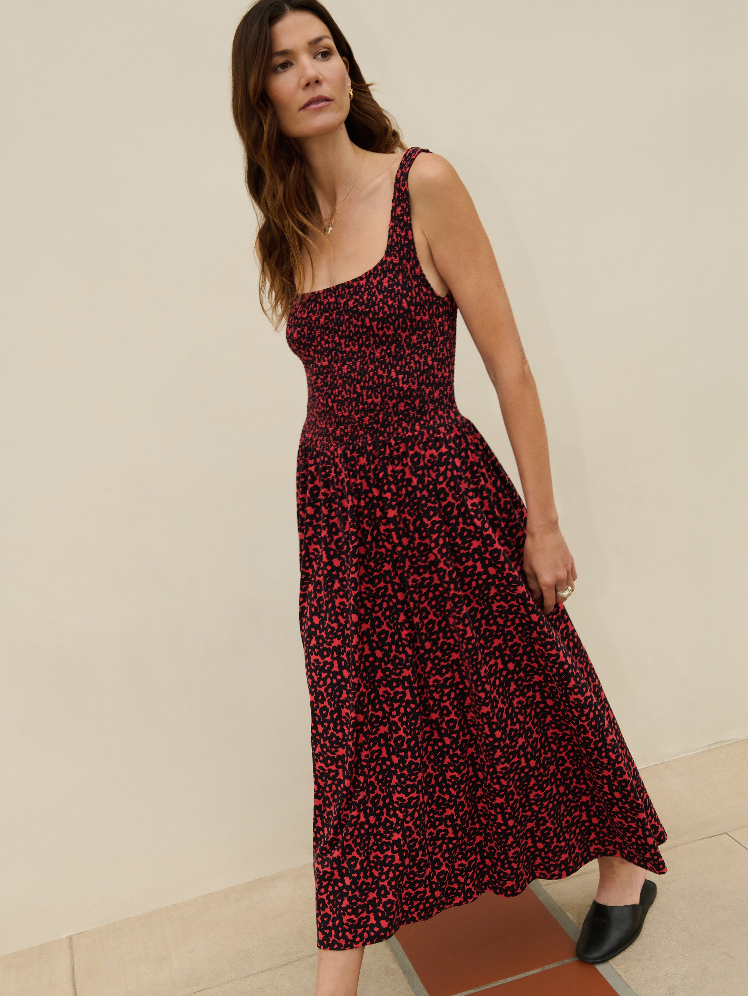 Square Neck Smocked Midi Dress - Dancing Floral