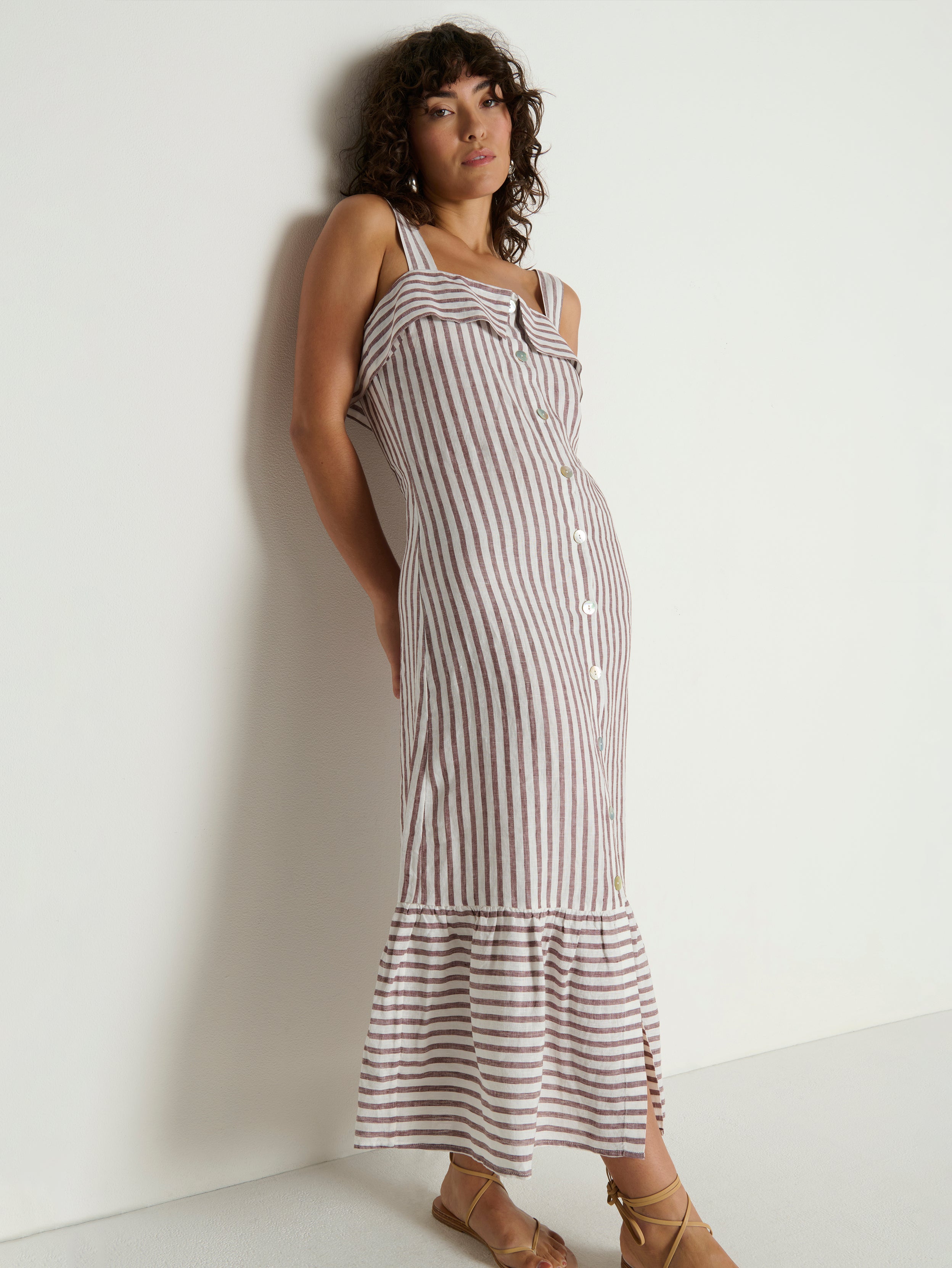 Square Neck Button-Down Linen Midi Dress - Praline Stripe