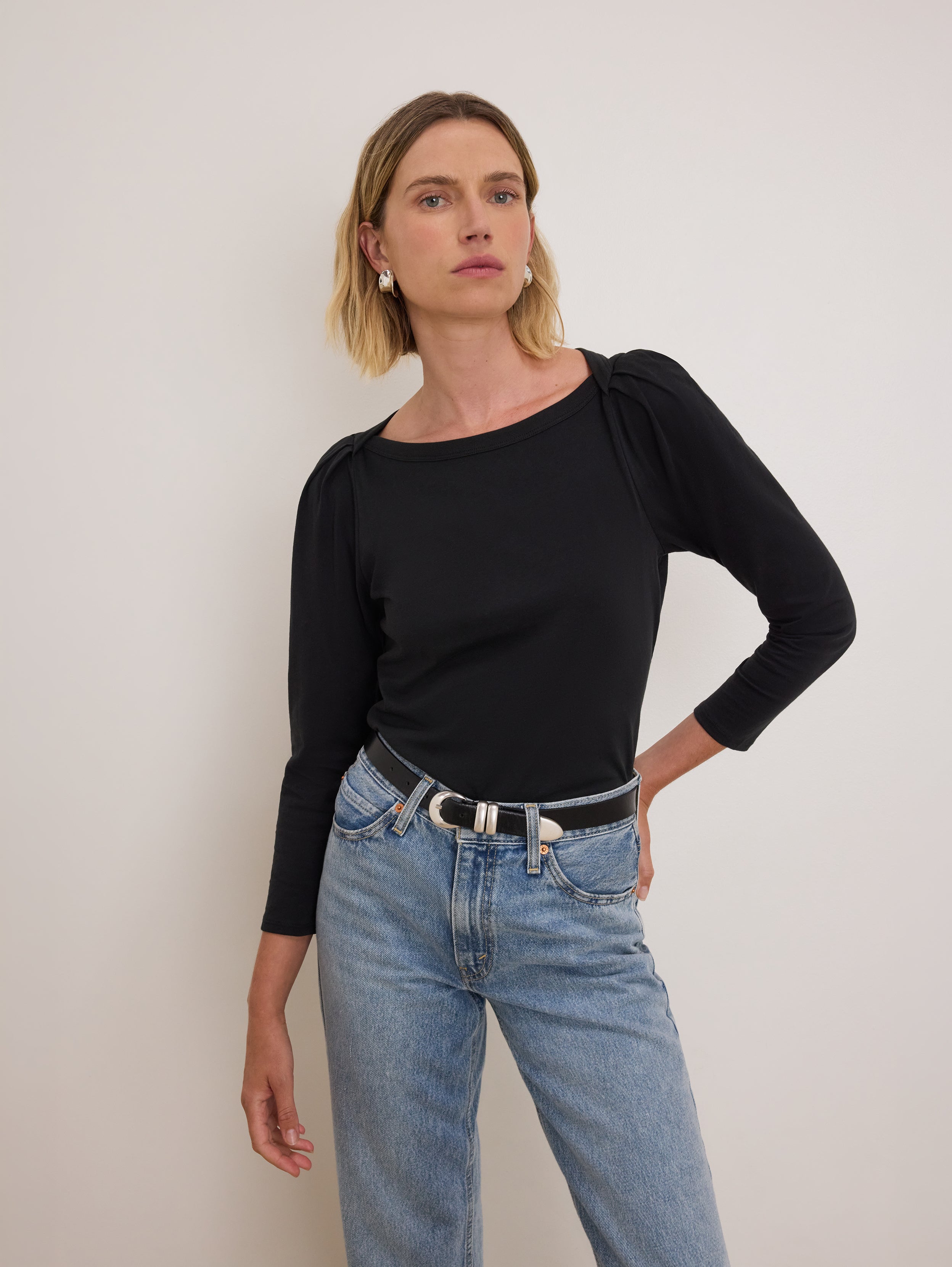 Knife Pleat Shoulder Envelope Neck Long Sleeve Top – Jet Black