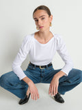 Knife Pleat Shoulder Envelope Neck Long Sleeve Top – White