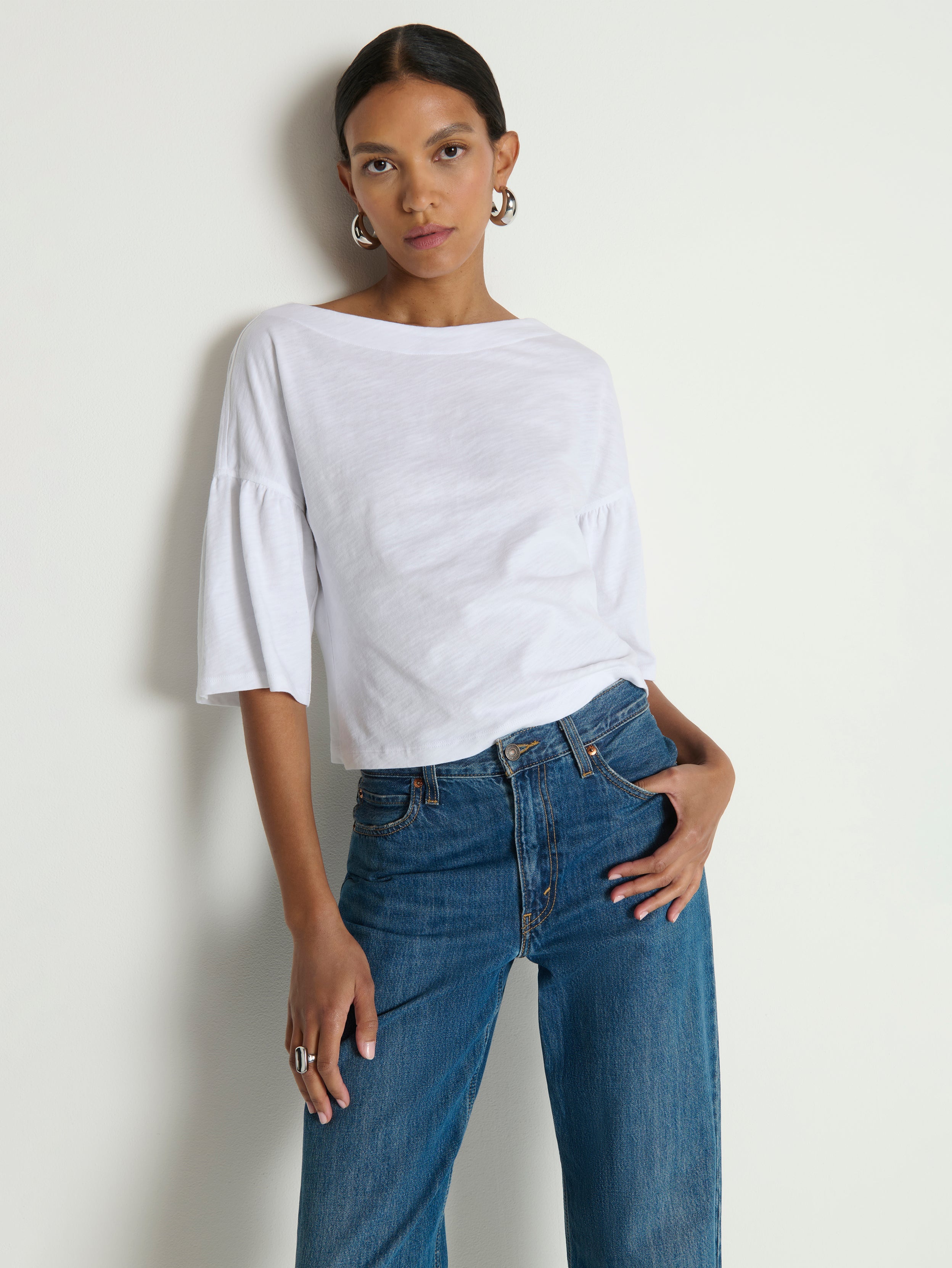 Dropped Shoulder Elbow Sleeve Cotton Jersey Top - Optic White