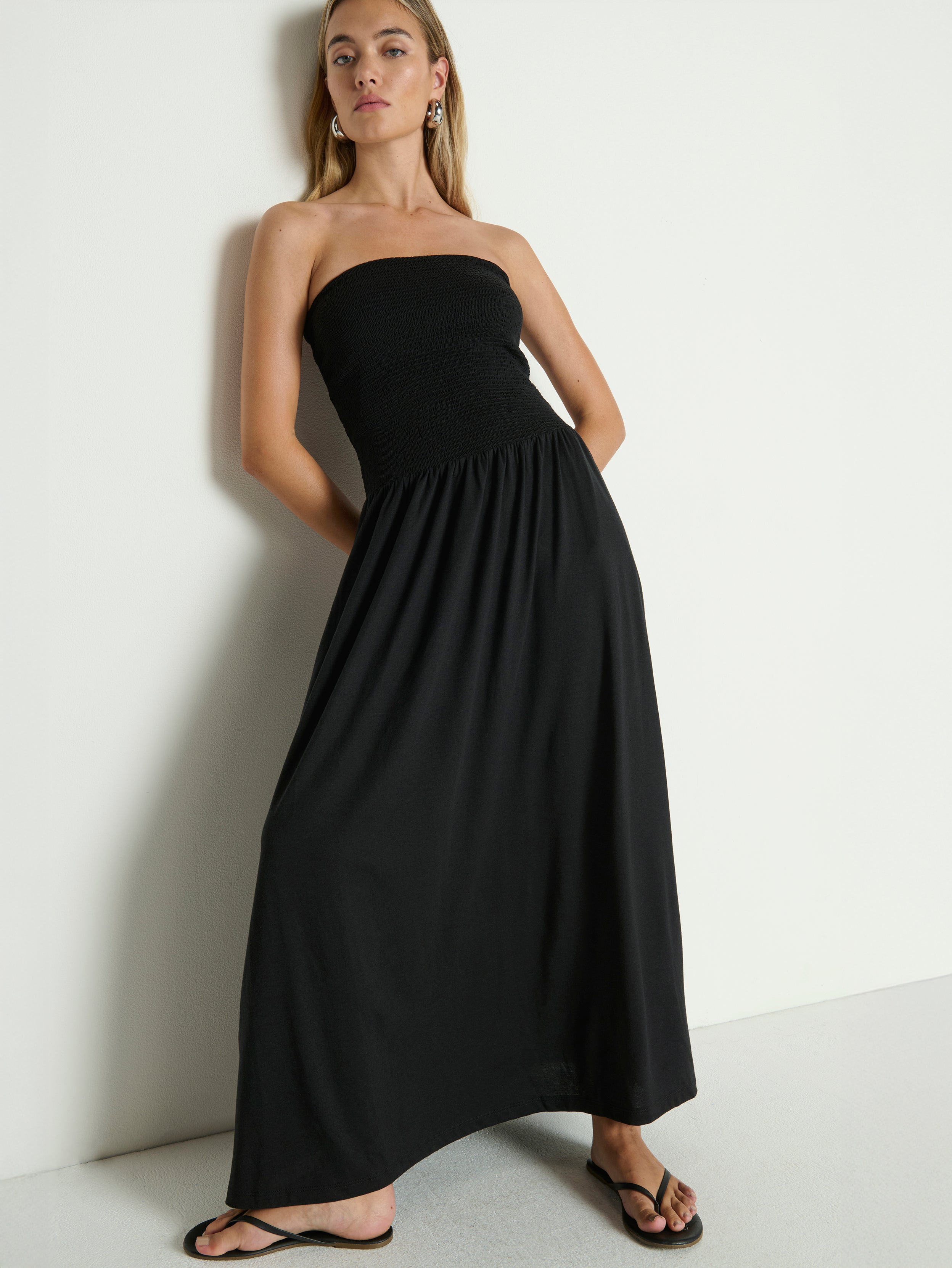 Smocked Bodice Drop Waist Tube Dress - Jet Black