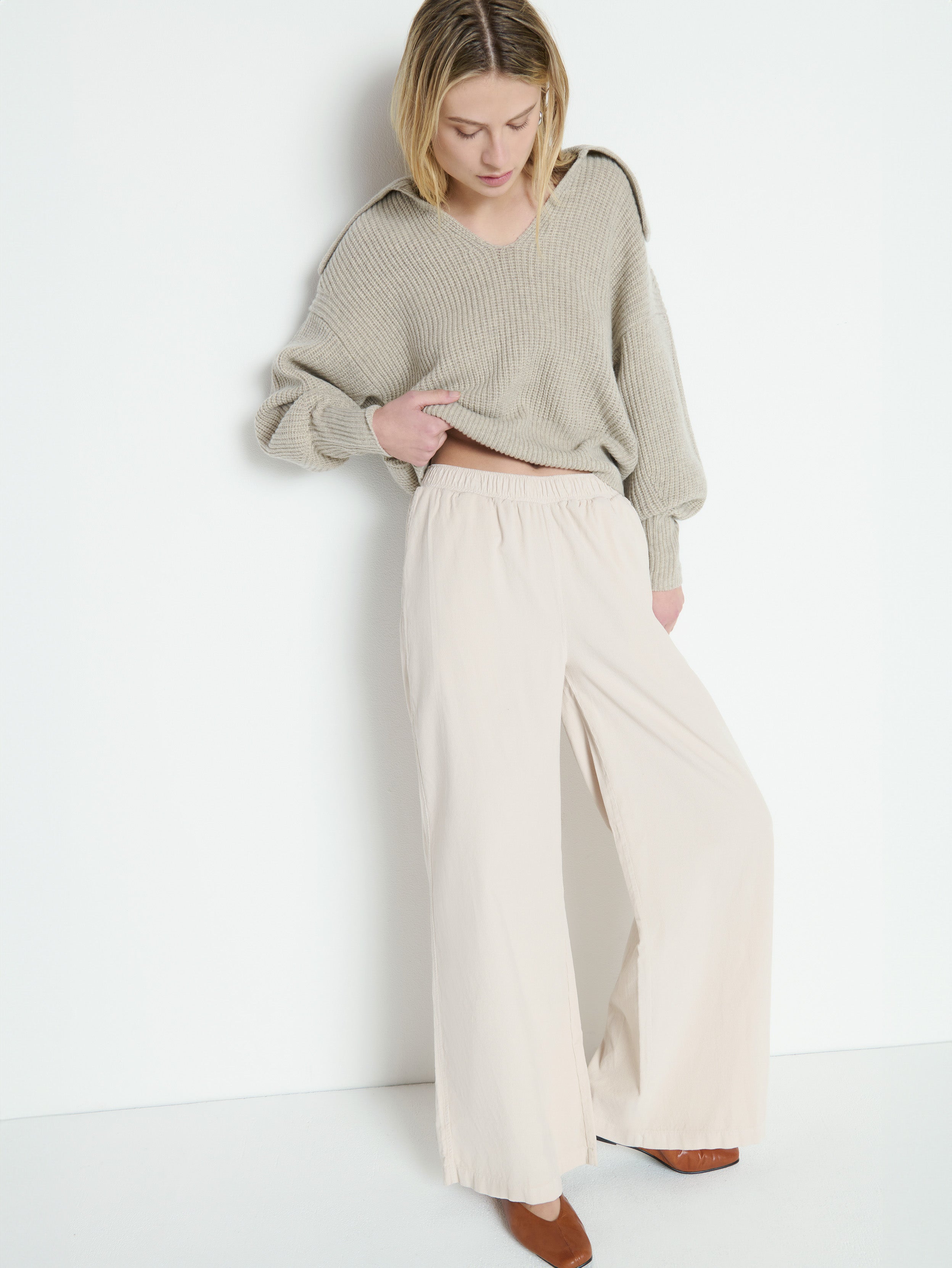 Elastic Waist Corduroy Wide-Leg Pant - Moonbeam