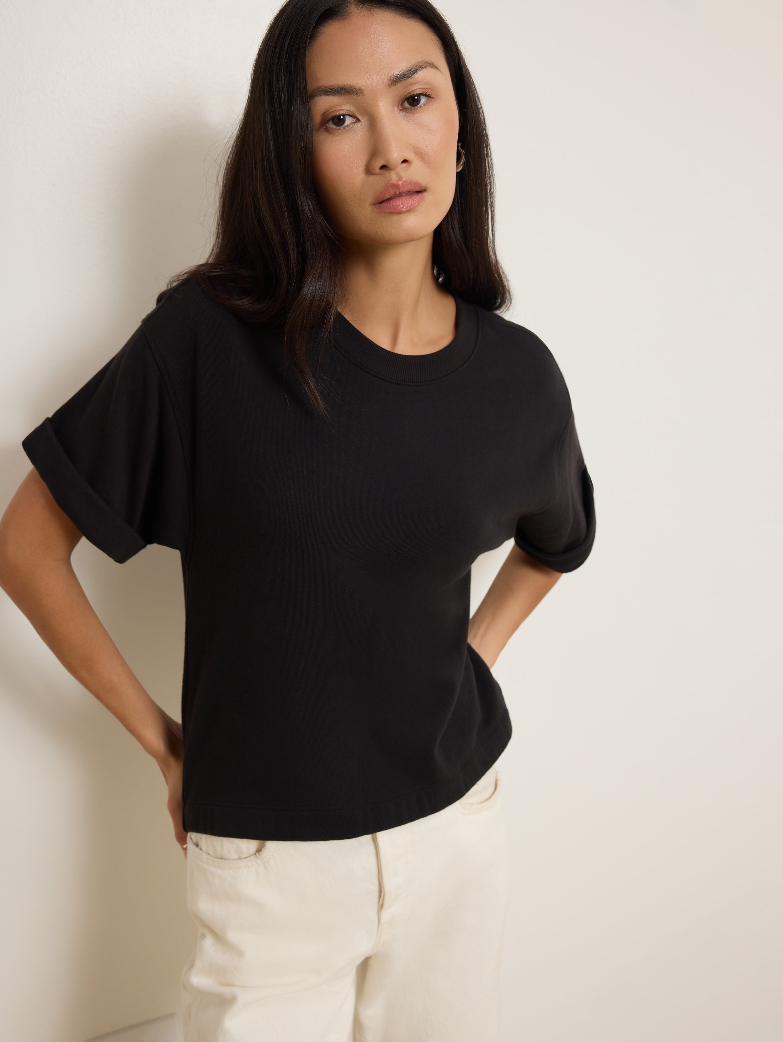 Oversized Boxy Cuff Sweatshirt Tee – Jet Black