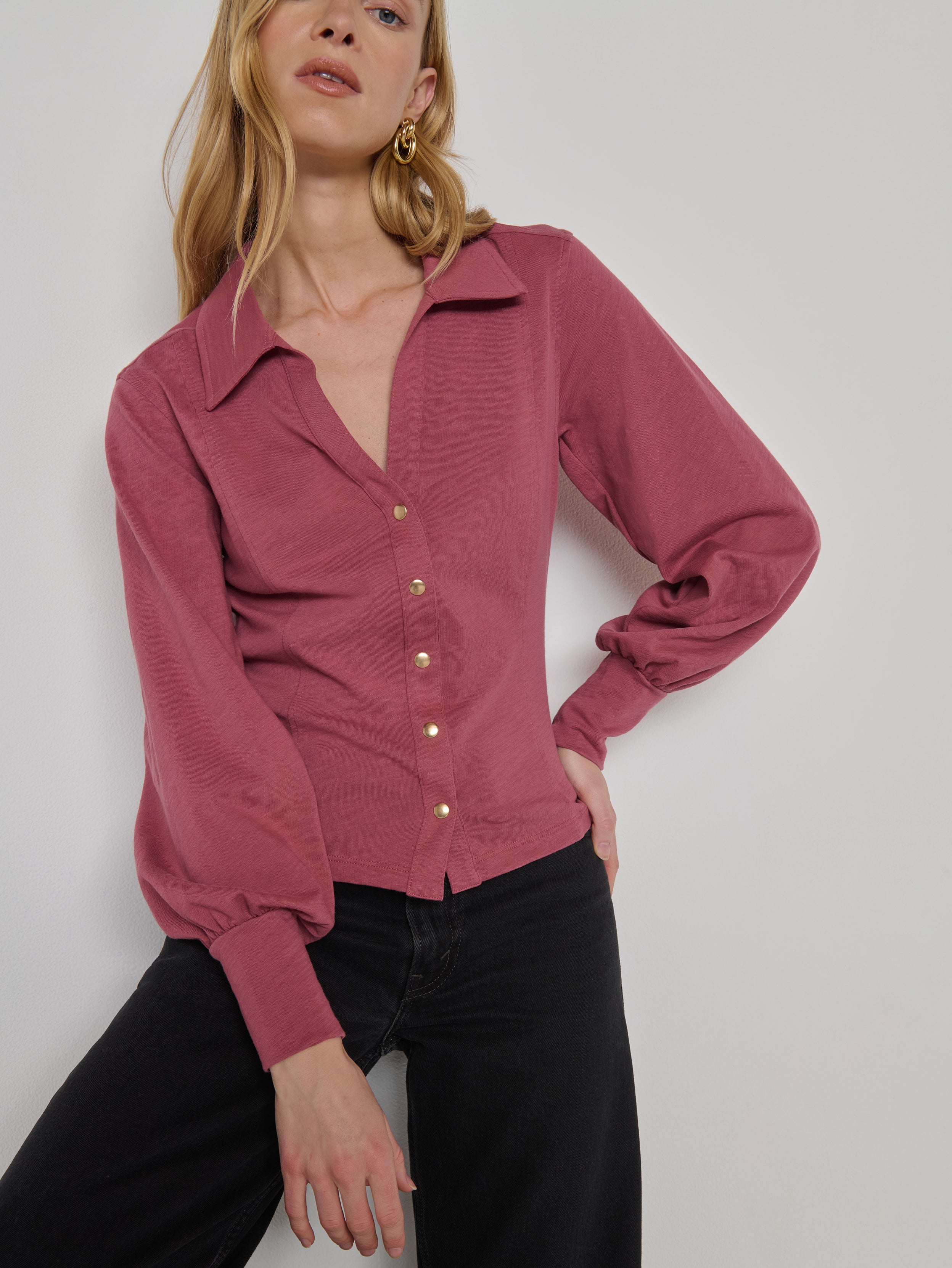 Bishop Sleeve Gold Snap Collared Blouse - Deco Rose