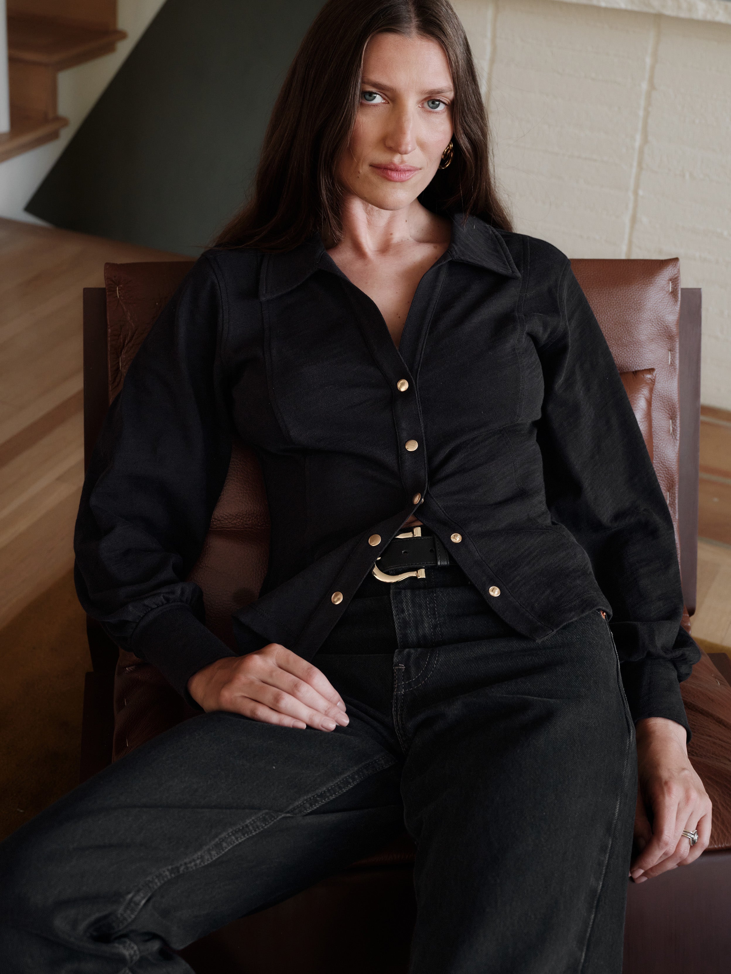 Bishop Sleeve Gold Snap Collared Blouse - Jet Black