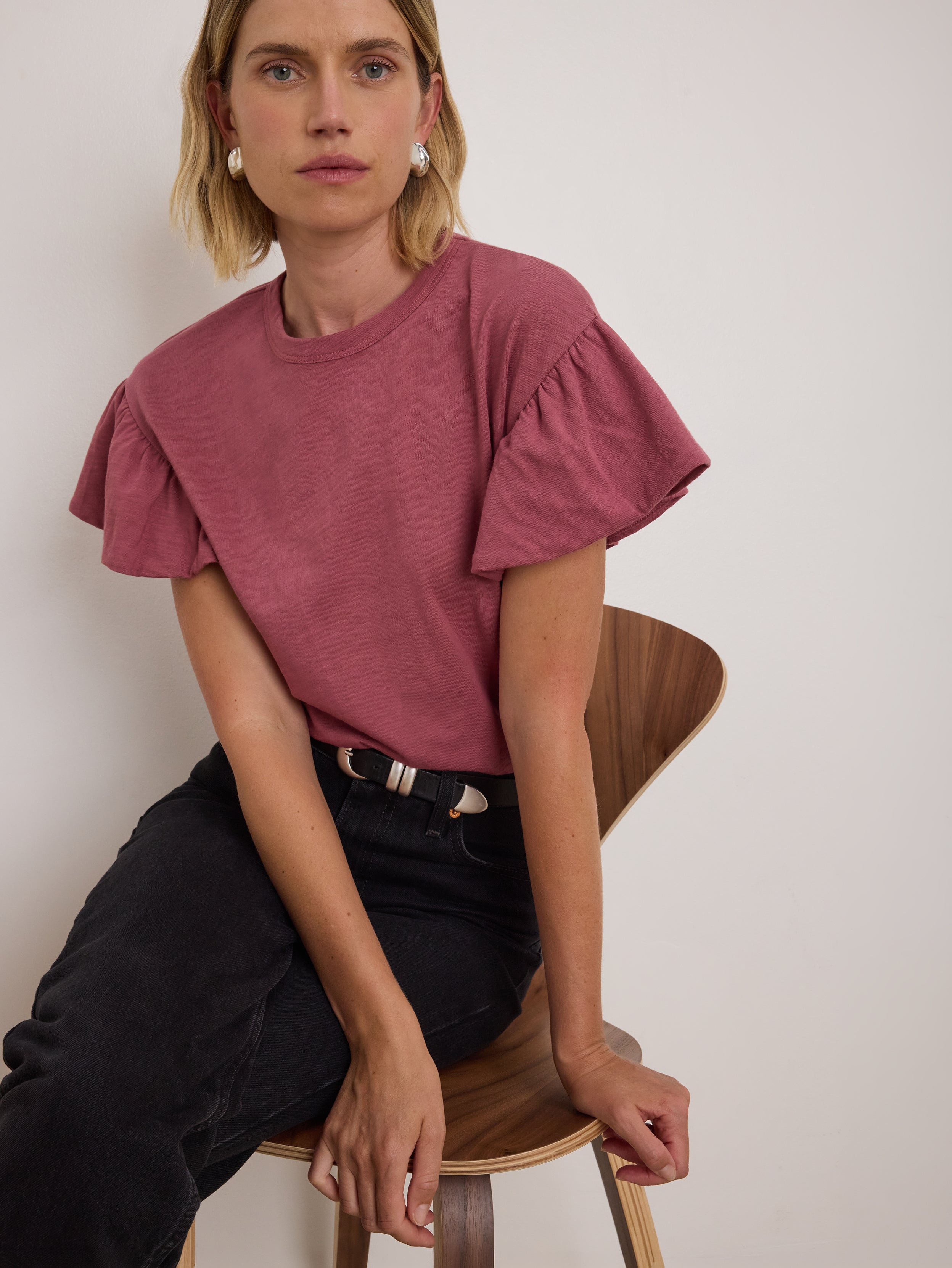 Flutter Sleeve Crewneck Boxy Tee - Deco Rose