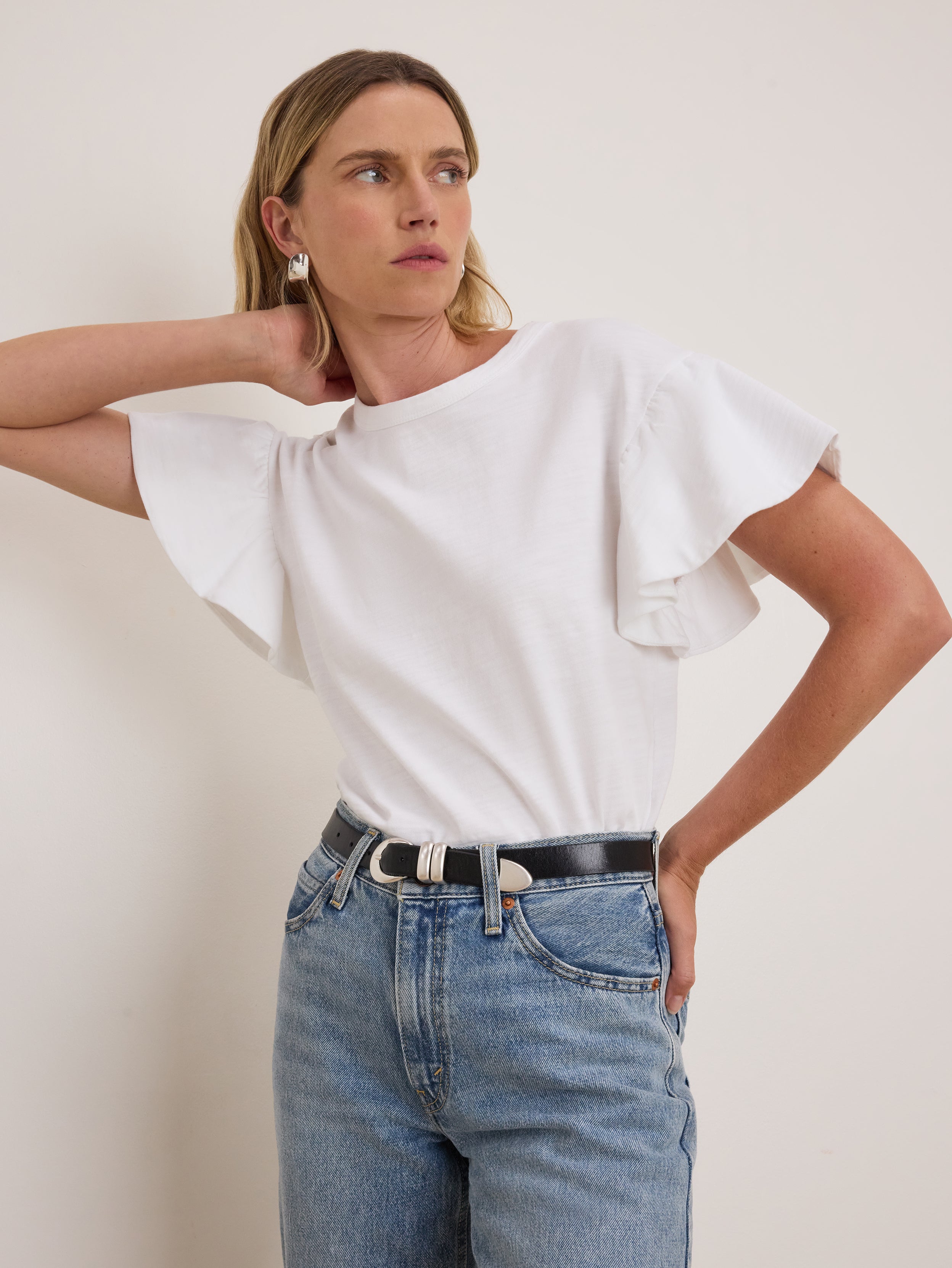 Flutter Sleeve Cotton Jersey Tee – Optic White