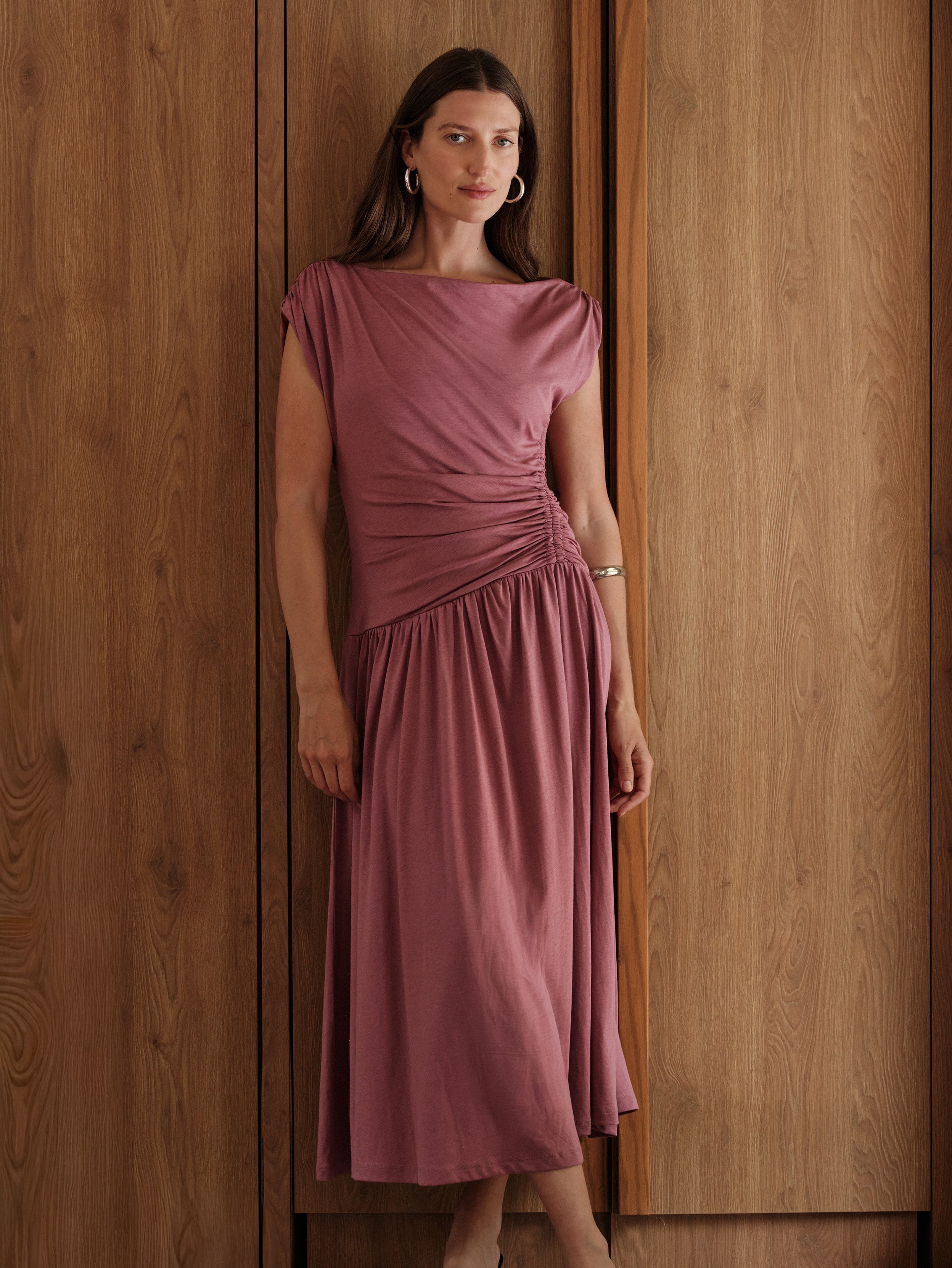 Asymmetrical Neck Shirred Luxe Jersey Midi Dress - Deco Rose