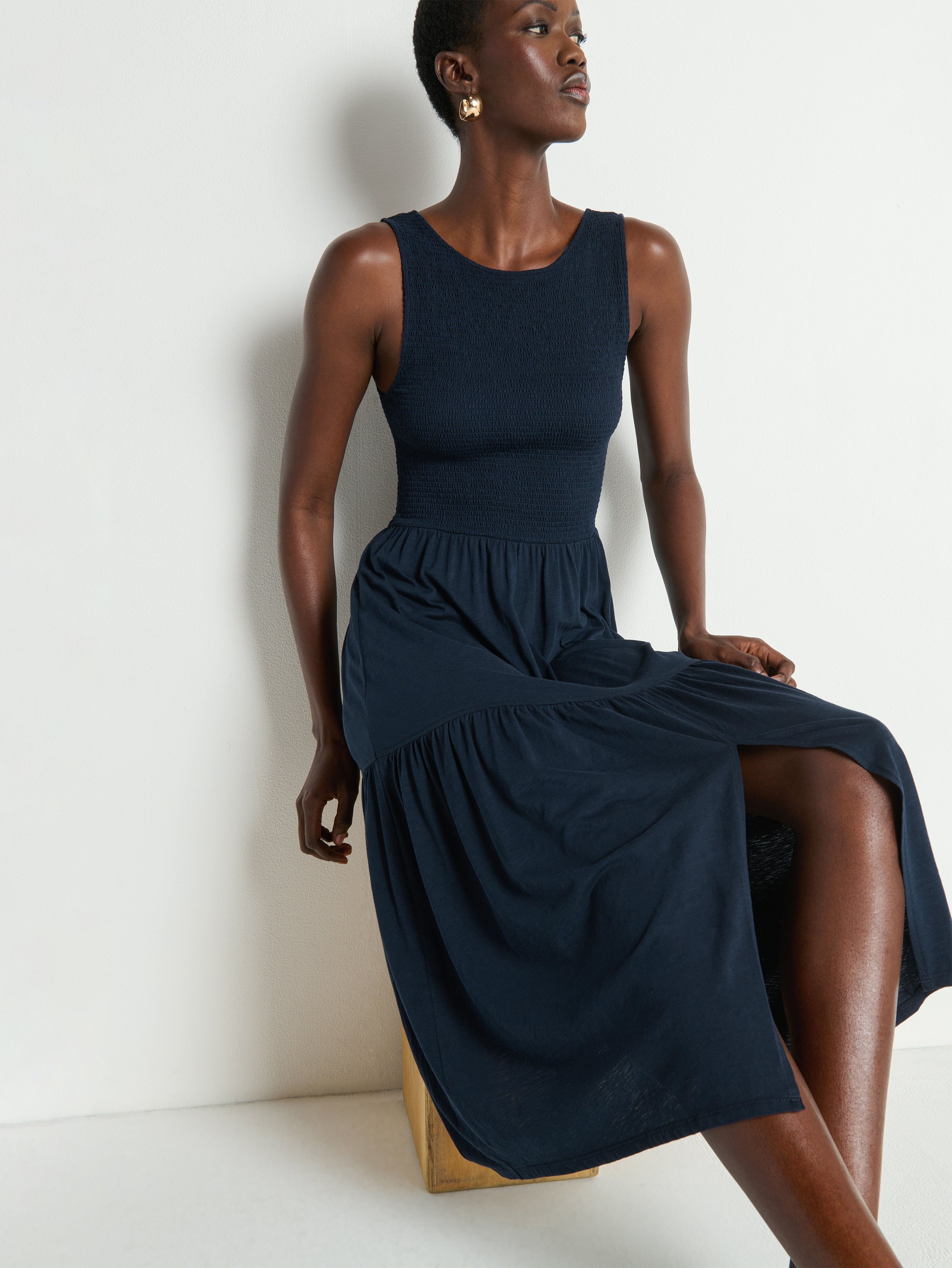 Scoop Neck Smocked A-Line Midi Dress - Navy Night Sky