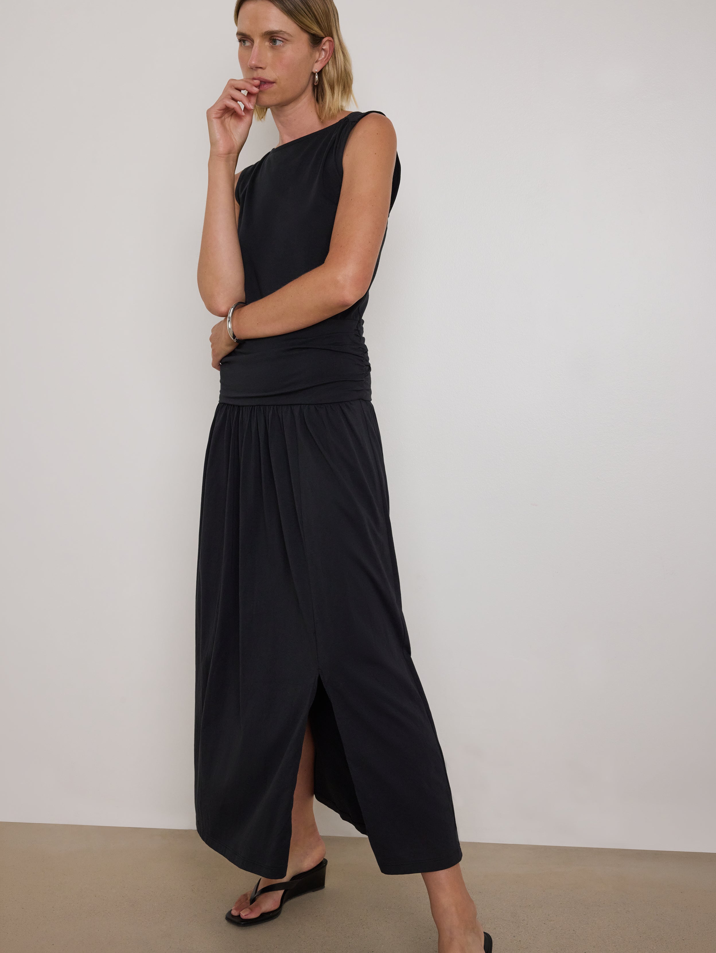 Banded Drop Waist Pima Cotton Midi Dress - Jet Black