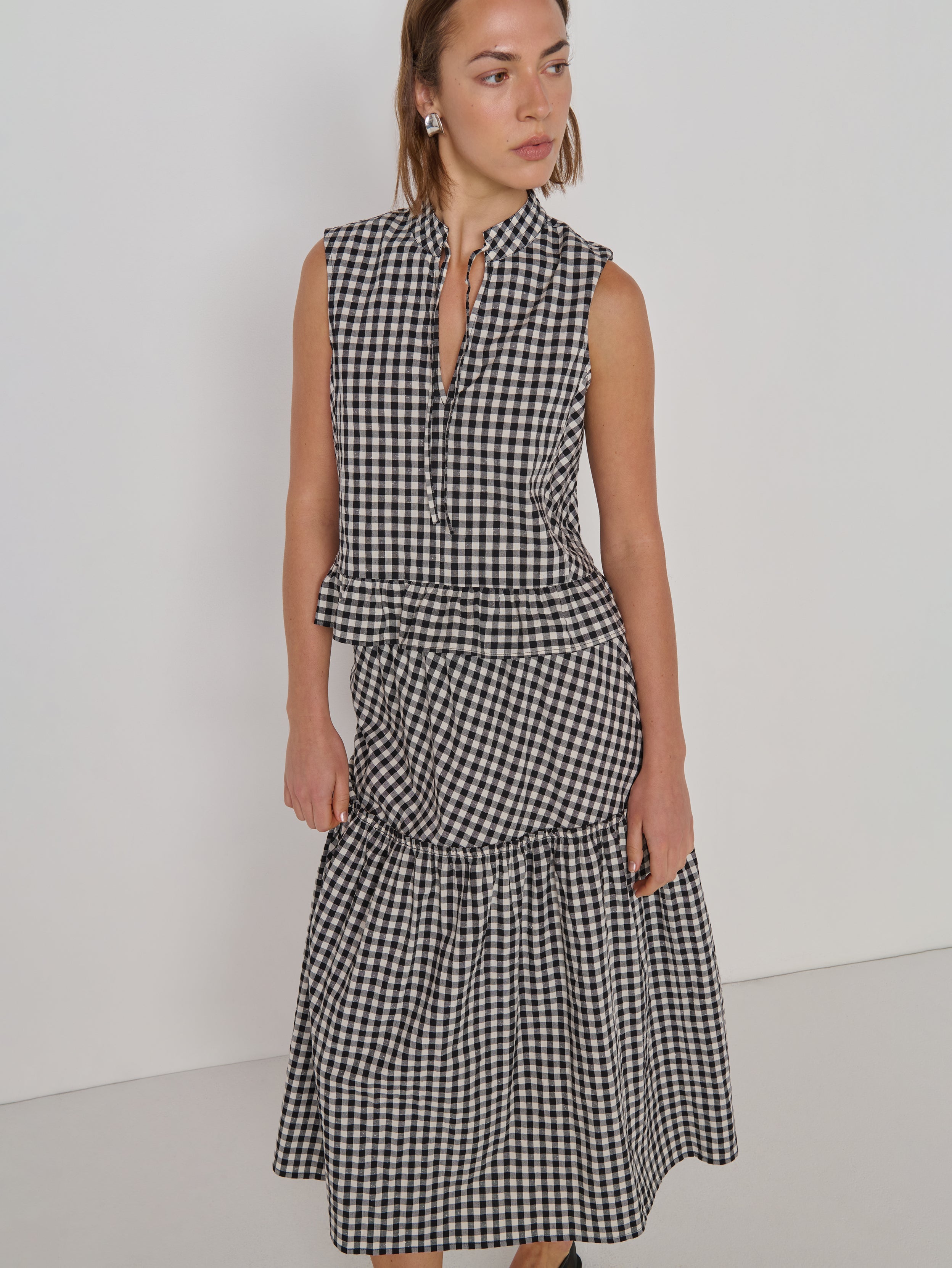 Neck Tie Peplum Hem Boxy Tank - Black Cream Gingham