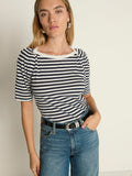 Envelope Neck Pleated Shoulder Organic Cotton Tee – Navy Country Stripe