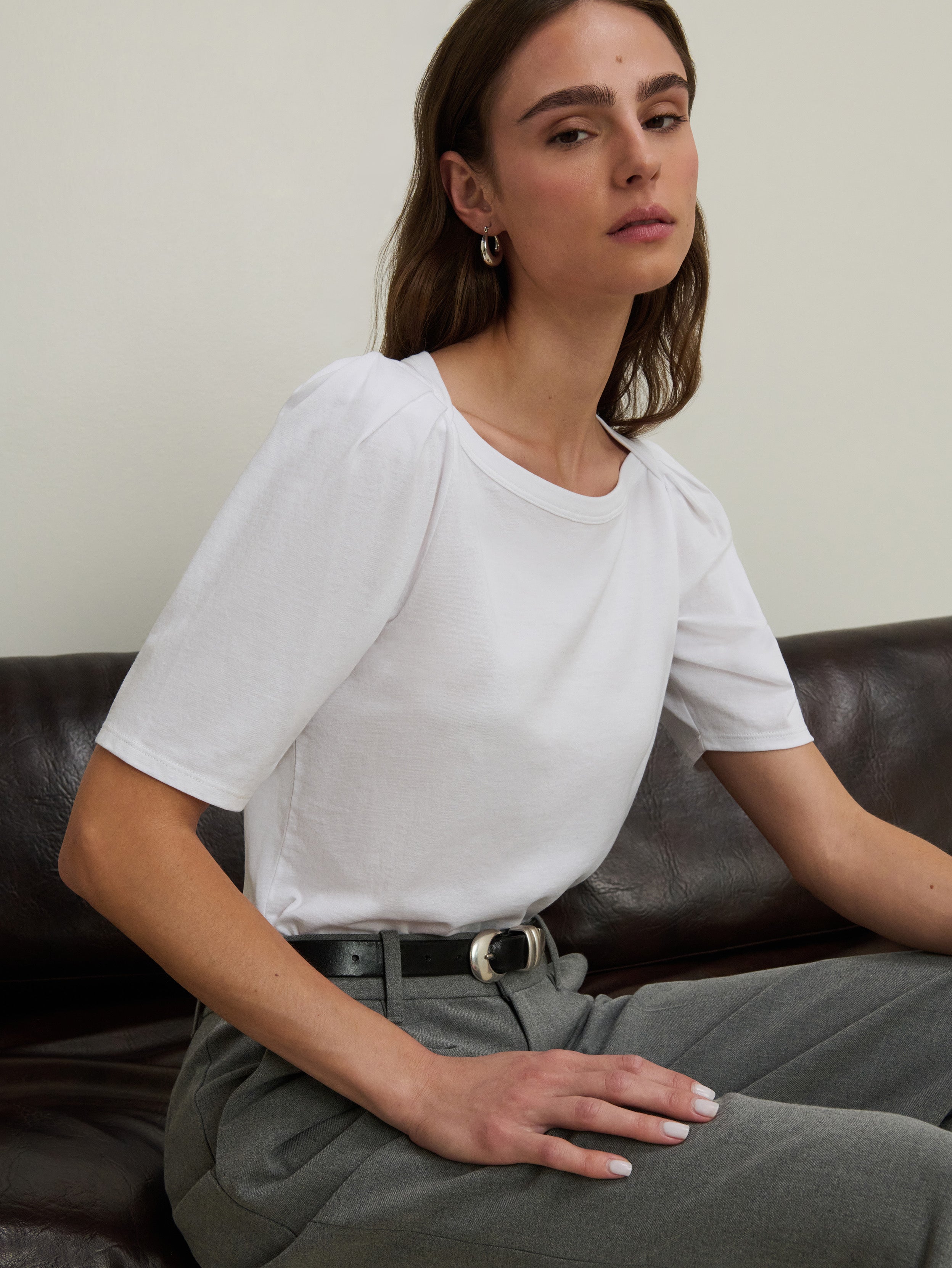 Pleated Shoulder Envelope Neck Cotton Tee – White