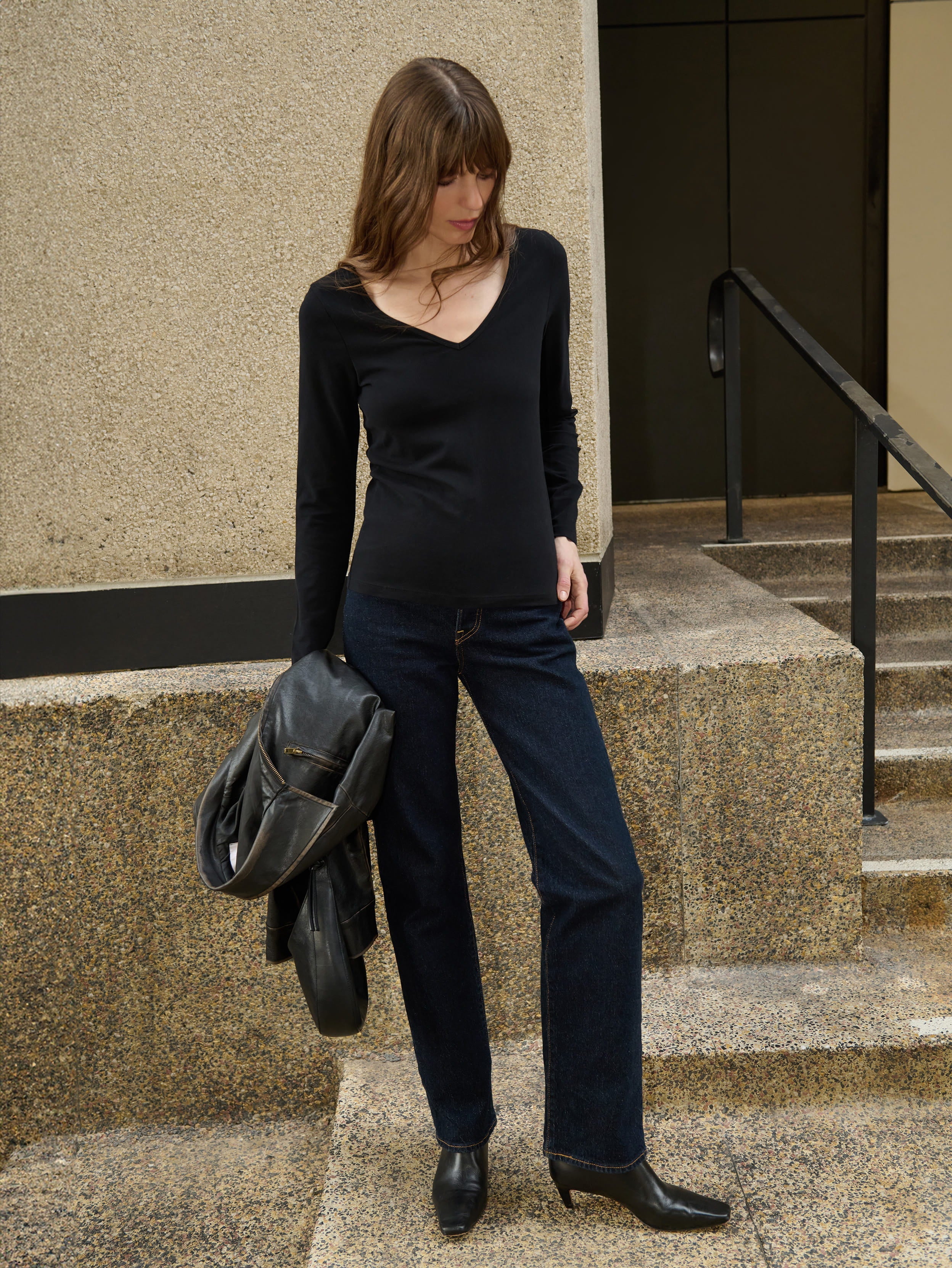 Classic V-Neck Pima Jersey Top - Jet Black
