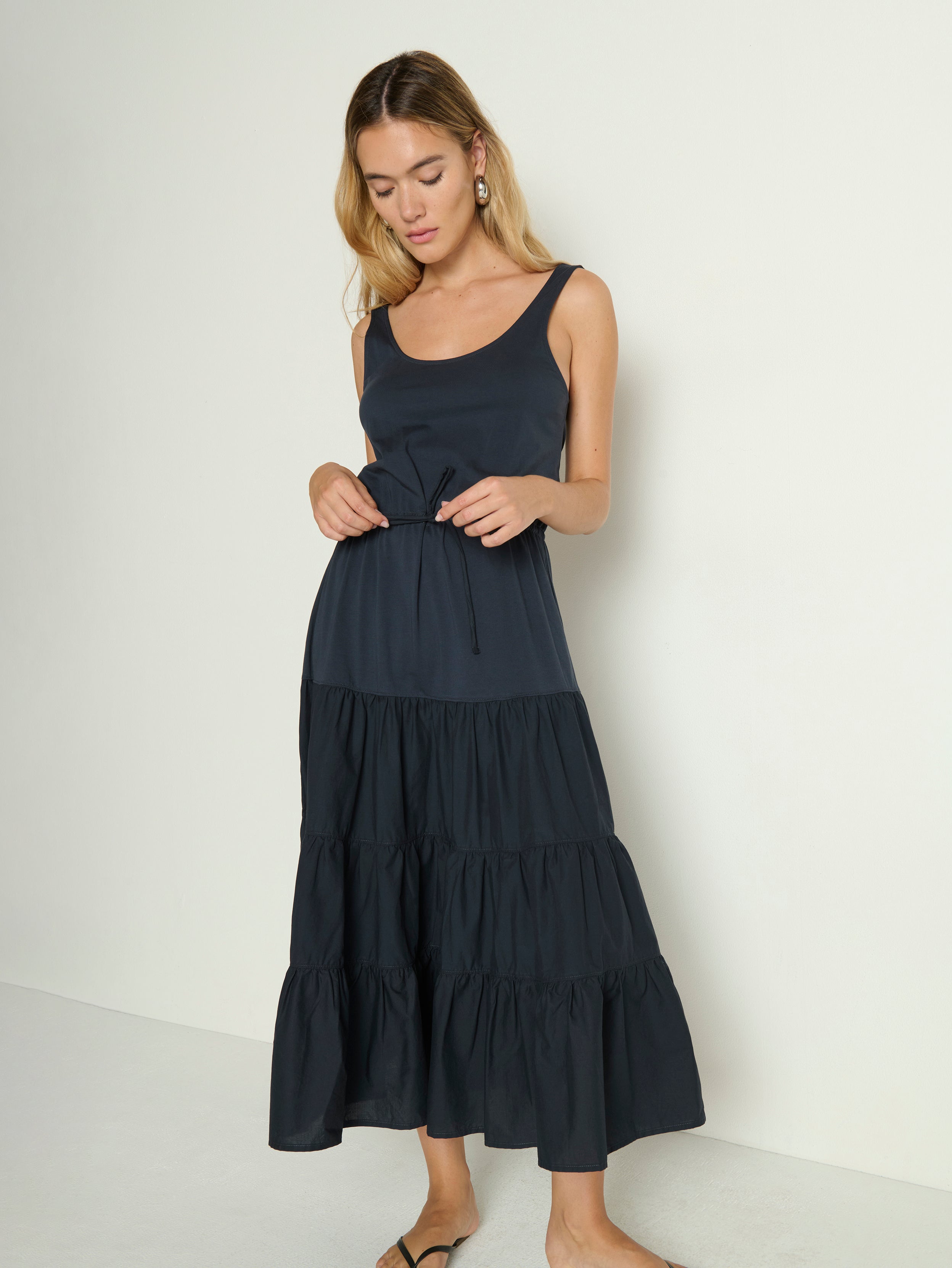 Tank-Style Ruched Poplin Midi Dress - Navy Night Sky