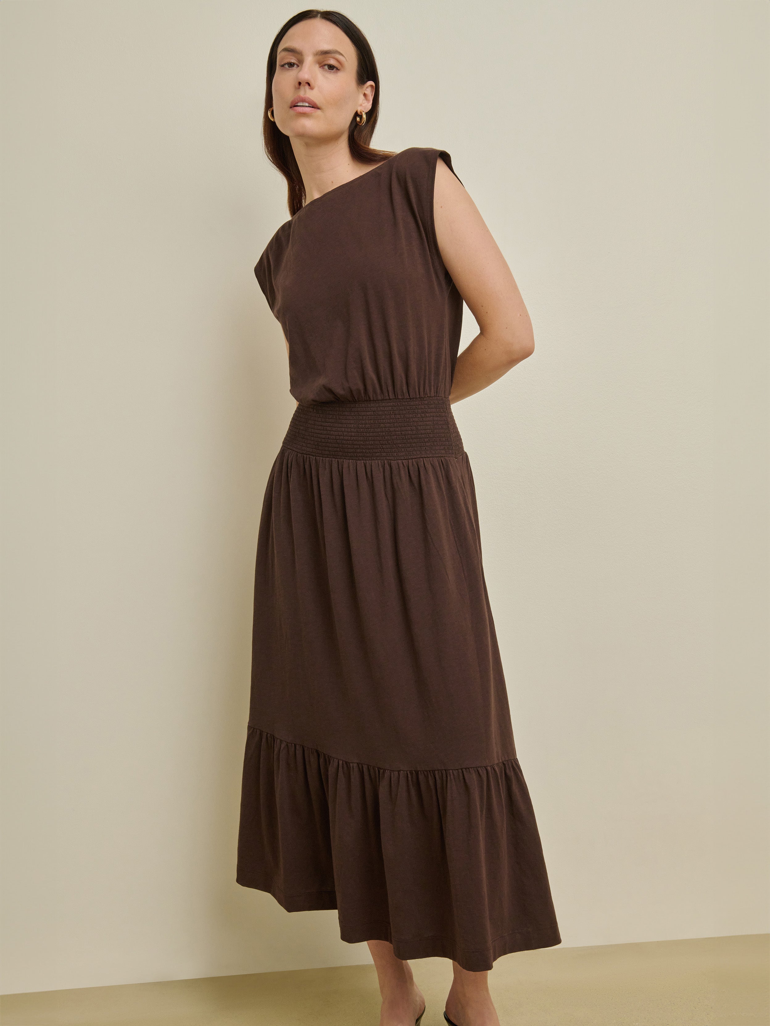Boat Neck Cap Sleeve Tiered Maxi Dress with Pockets - Cocoa