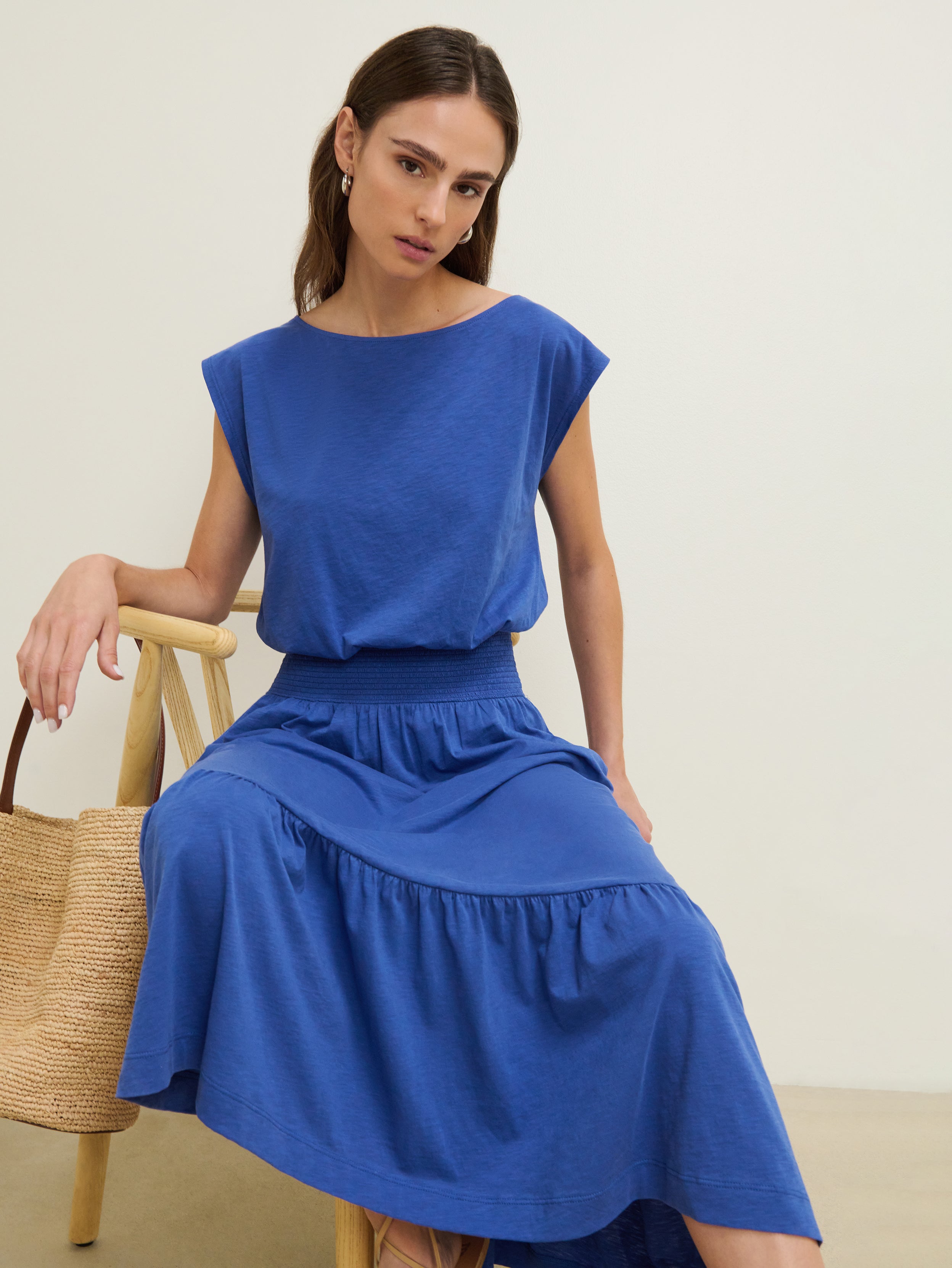 Boat Neck Cap Sleeve Tiered Maxi Dress with Pockets - Lapis