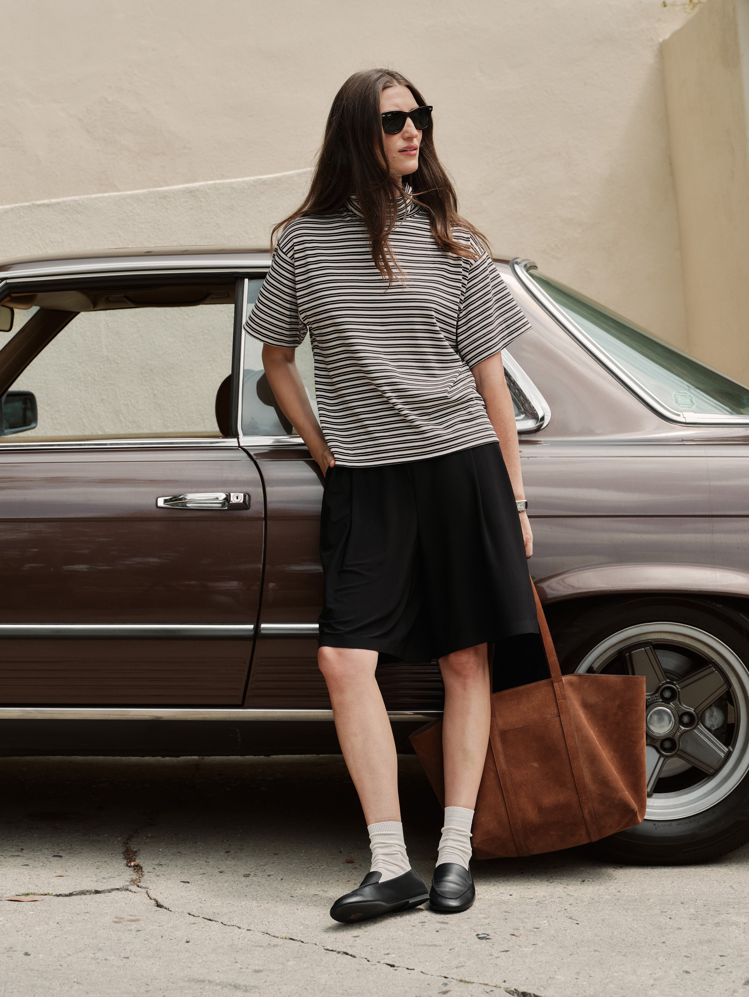 Cropped Short Sleeve Turtleneck Tee - Vintage Yarn Dye Stripe