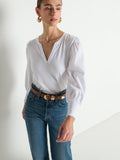 Notched Neck Smocked Cuff Exaggerated Shoulder Tee – White