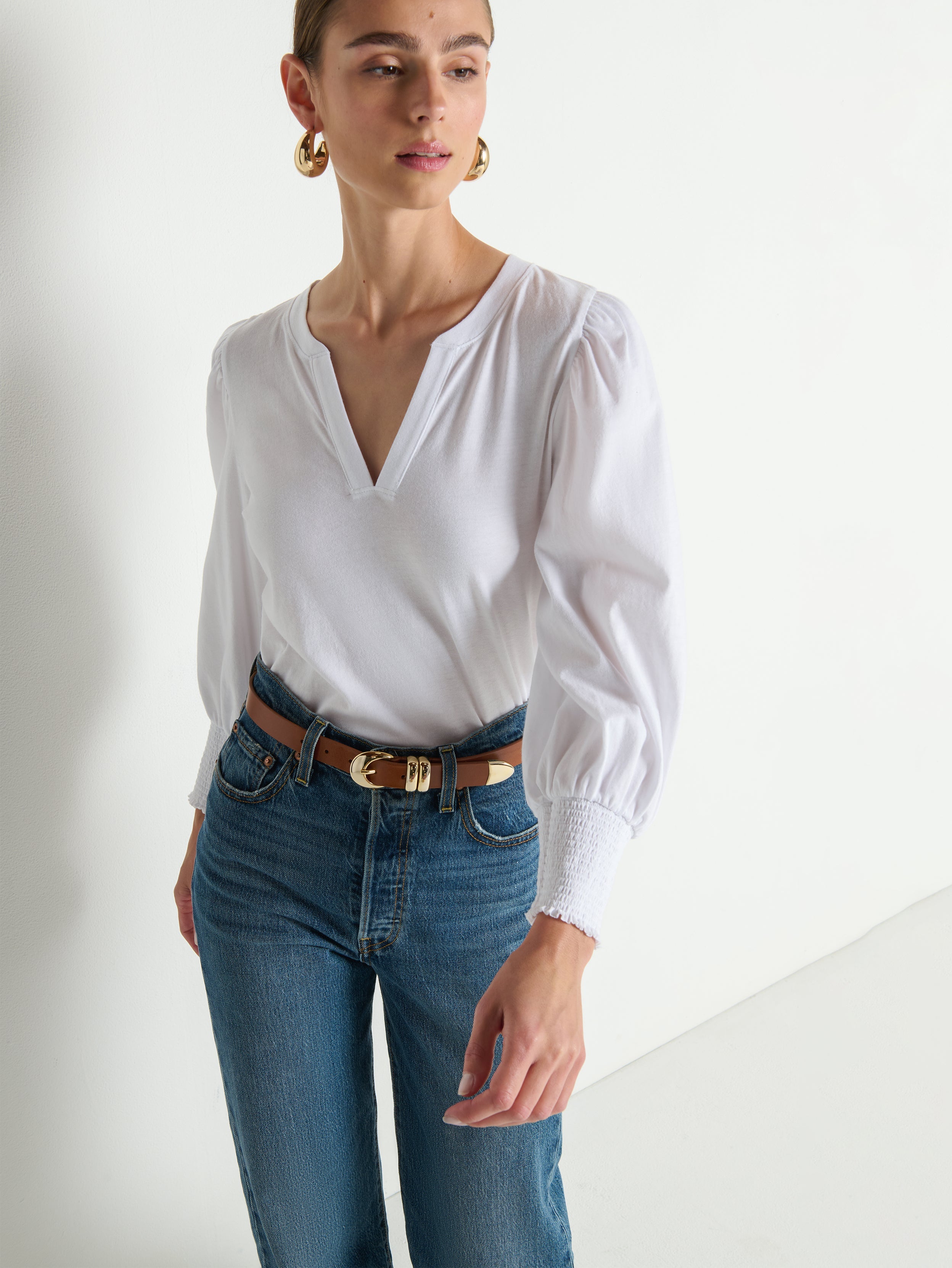Notched Neck Smocked Cuff Exaggerated Shoulder Tee – White