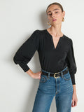 Notched Neck Smocked Cuff Exaggerated Shoulder Tee – Jet Black