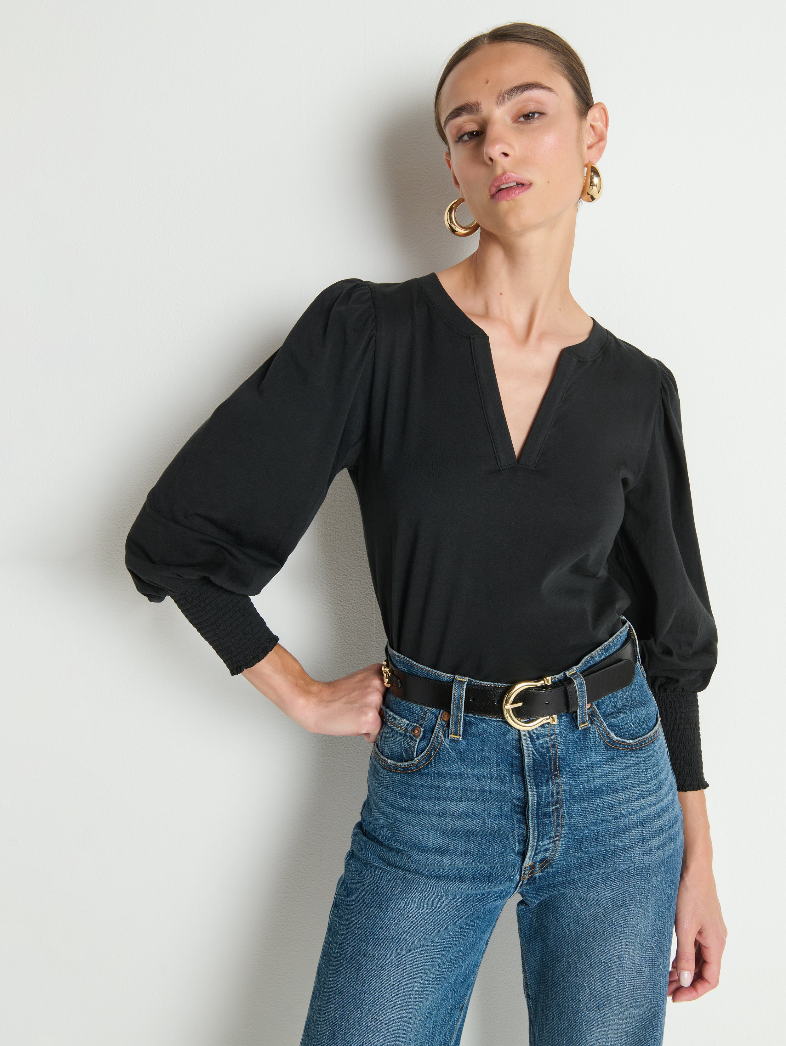 Notched Neck Smocked Cuff Exaggerated Shoulder Tee – Jet Black