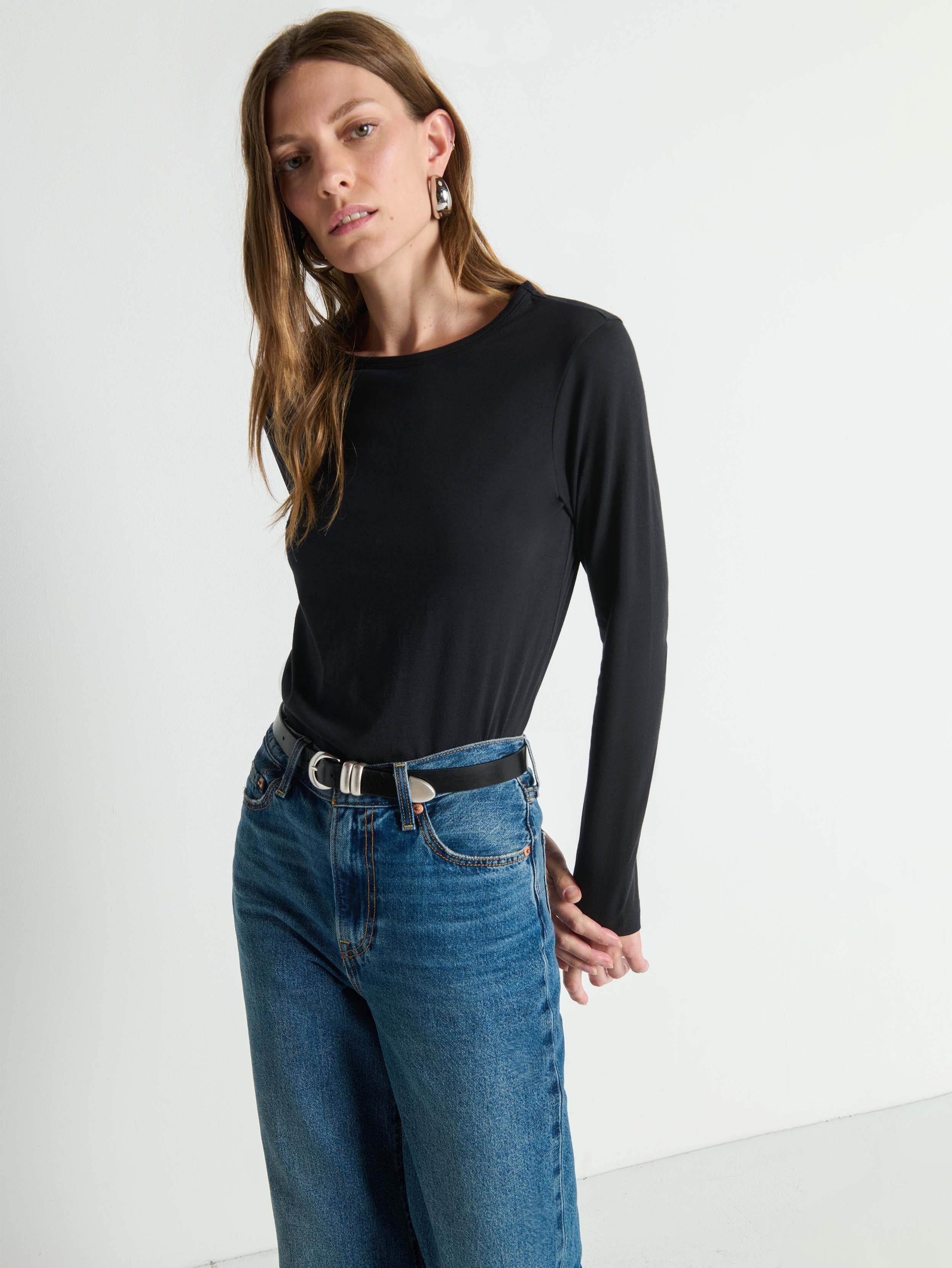 Crew Neck Organic Cotton Long Sleeve Tee – Jet Black