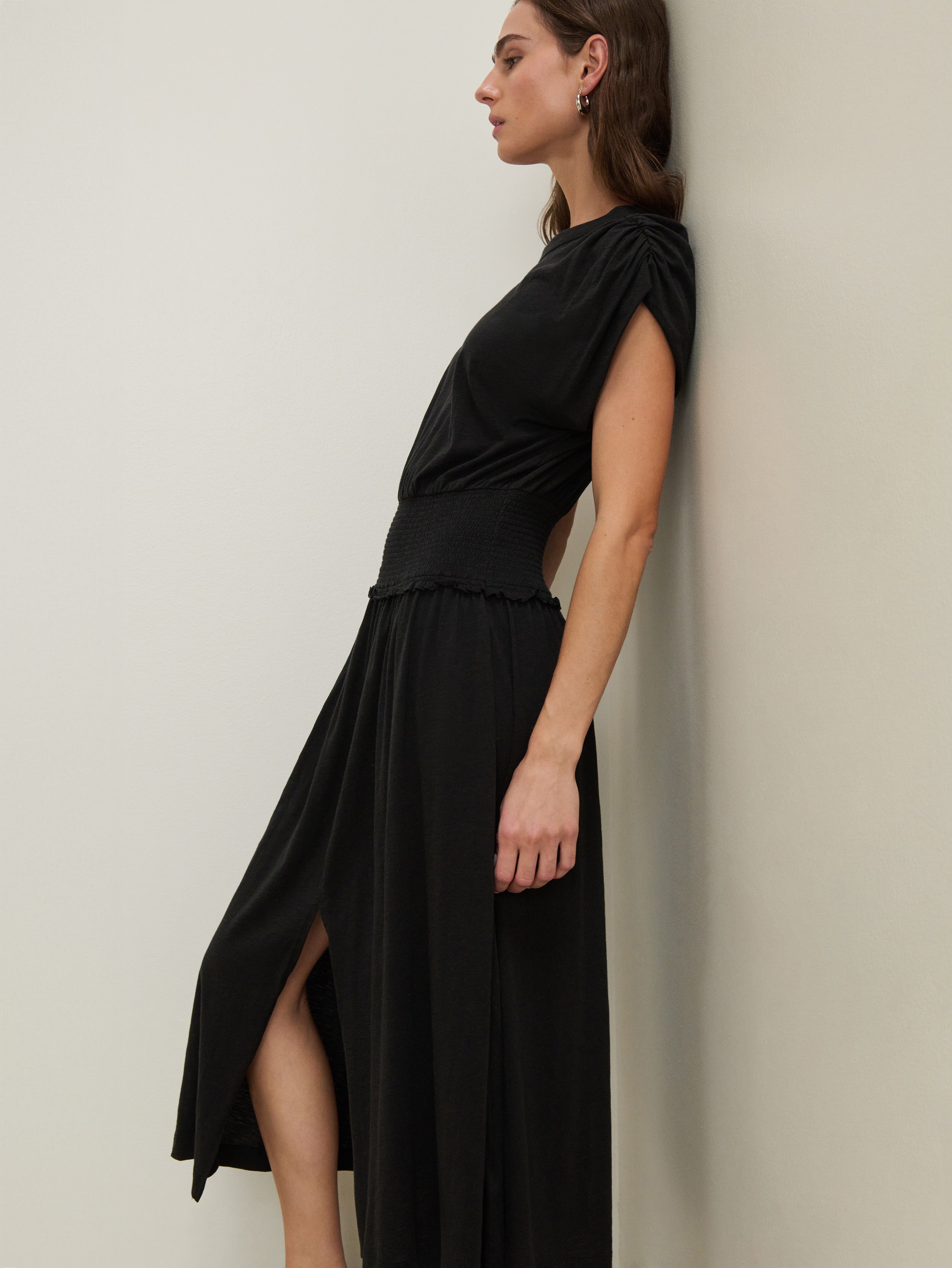 Ribbed Crew Neck Smocked Waist Maxi Dress - Jet Black