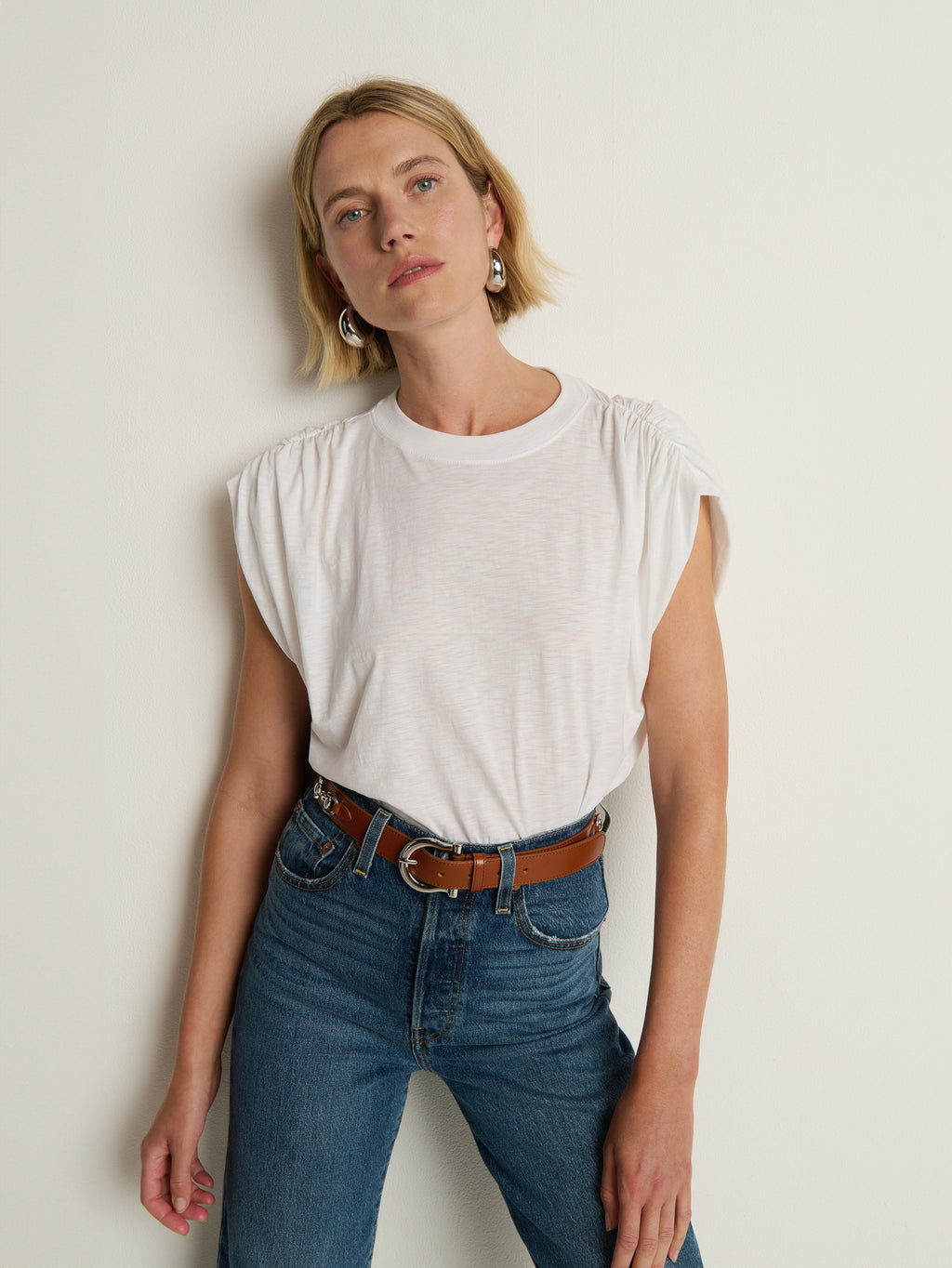 Shirred Shoulder Ribbed Crew Muscle Tee – White