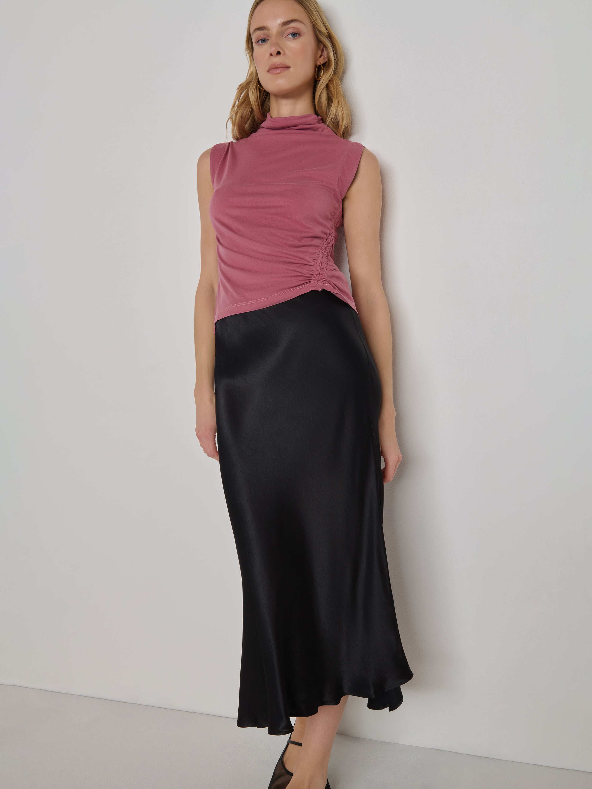 Bias-Cut Satin Slip Skirt - Black