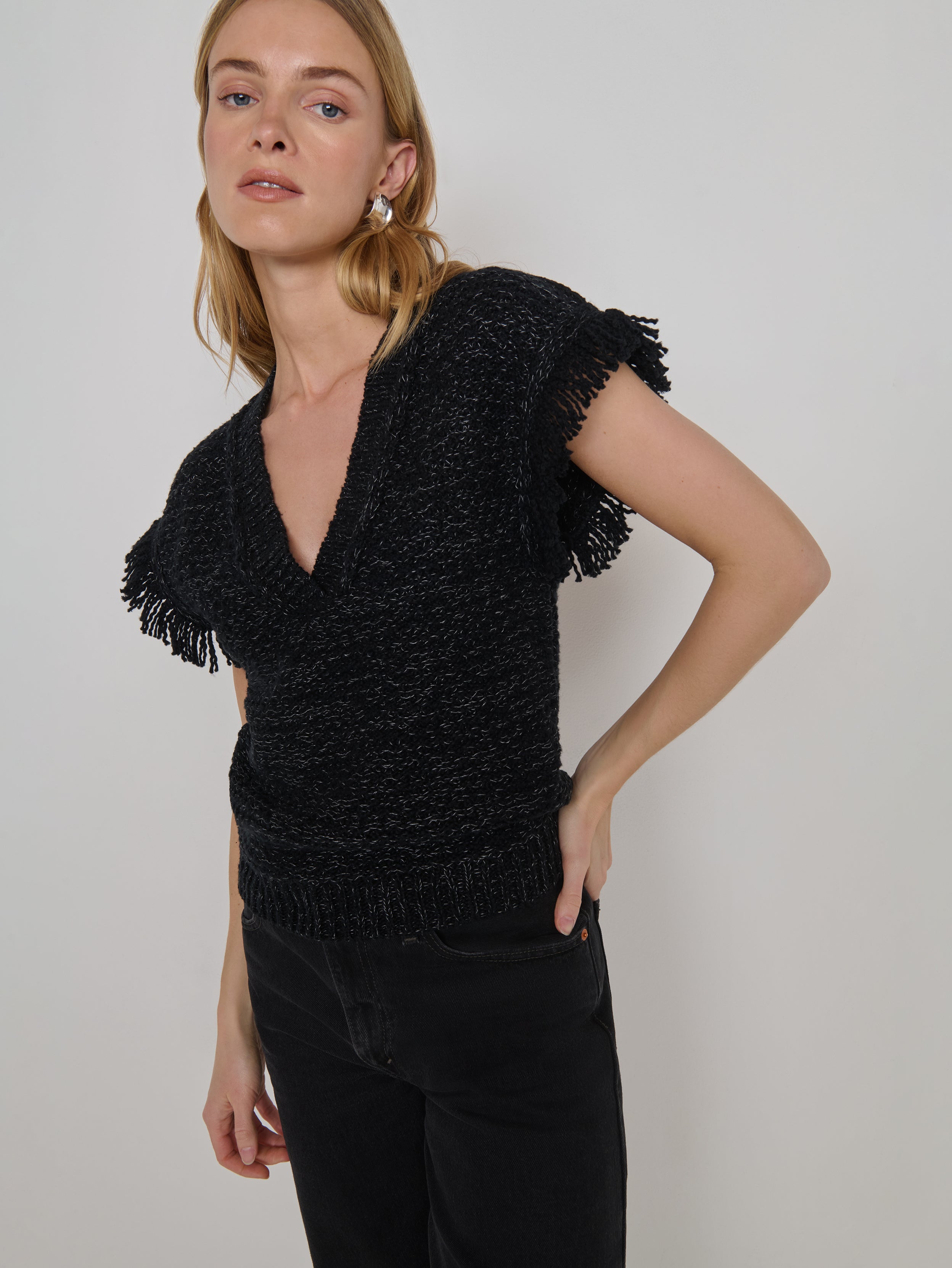 V-Neck Ribbed Cotton Melange Vest - Reverse Black Melange