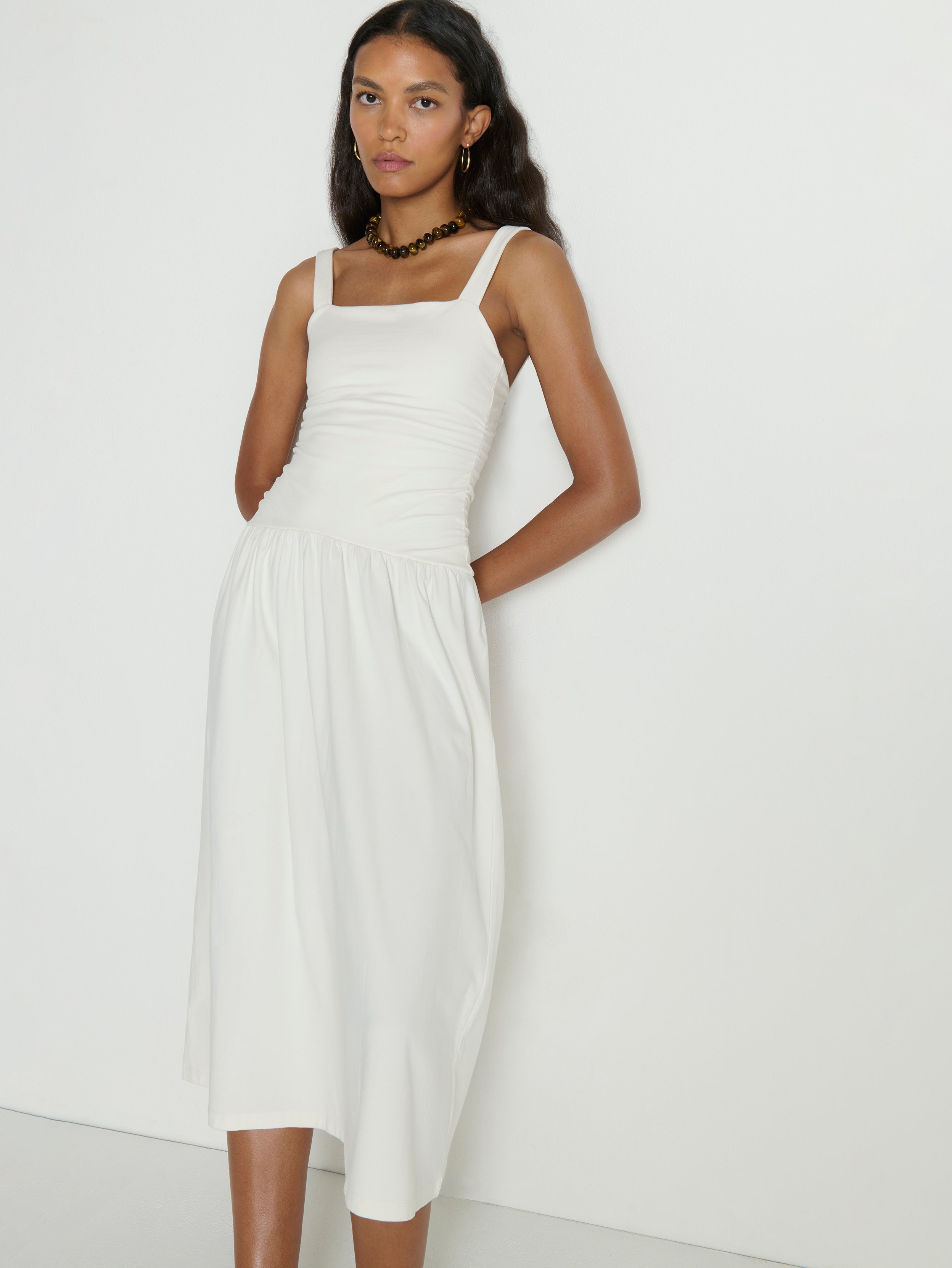 Square Neck Drop Waist Pima Cotton Midi Dress - Porcelain