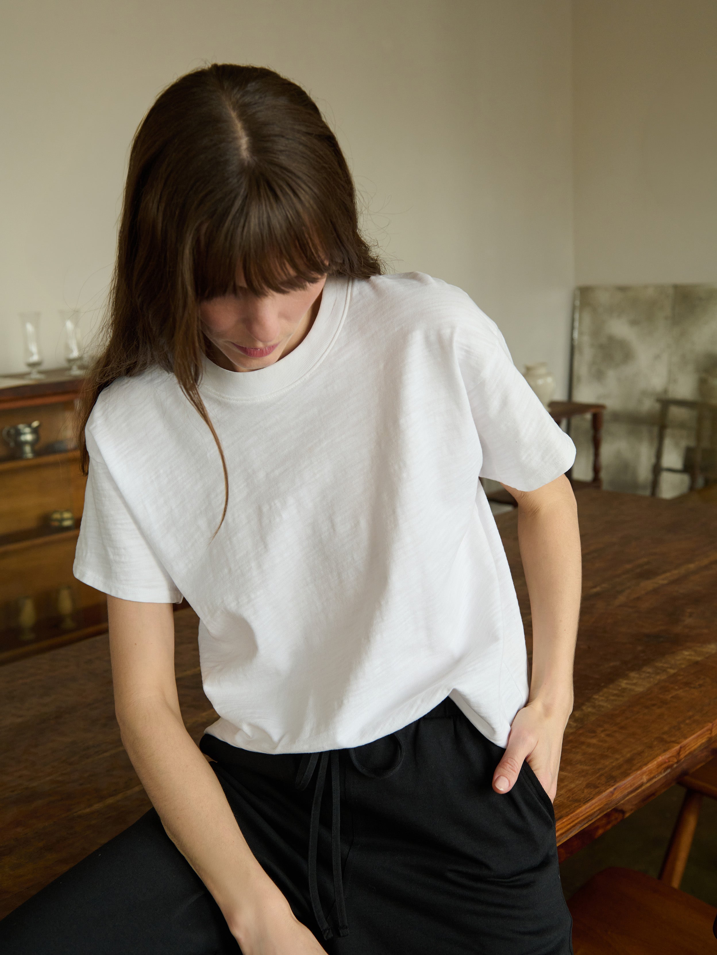 Drop Shoulder Ribbed Neck Crew Tee - White
