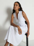 V-Neck Rib Bodice Poplin Midi Dress with Pockets - White