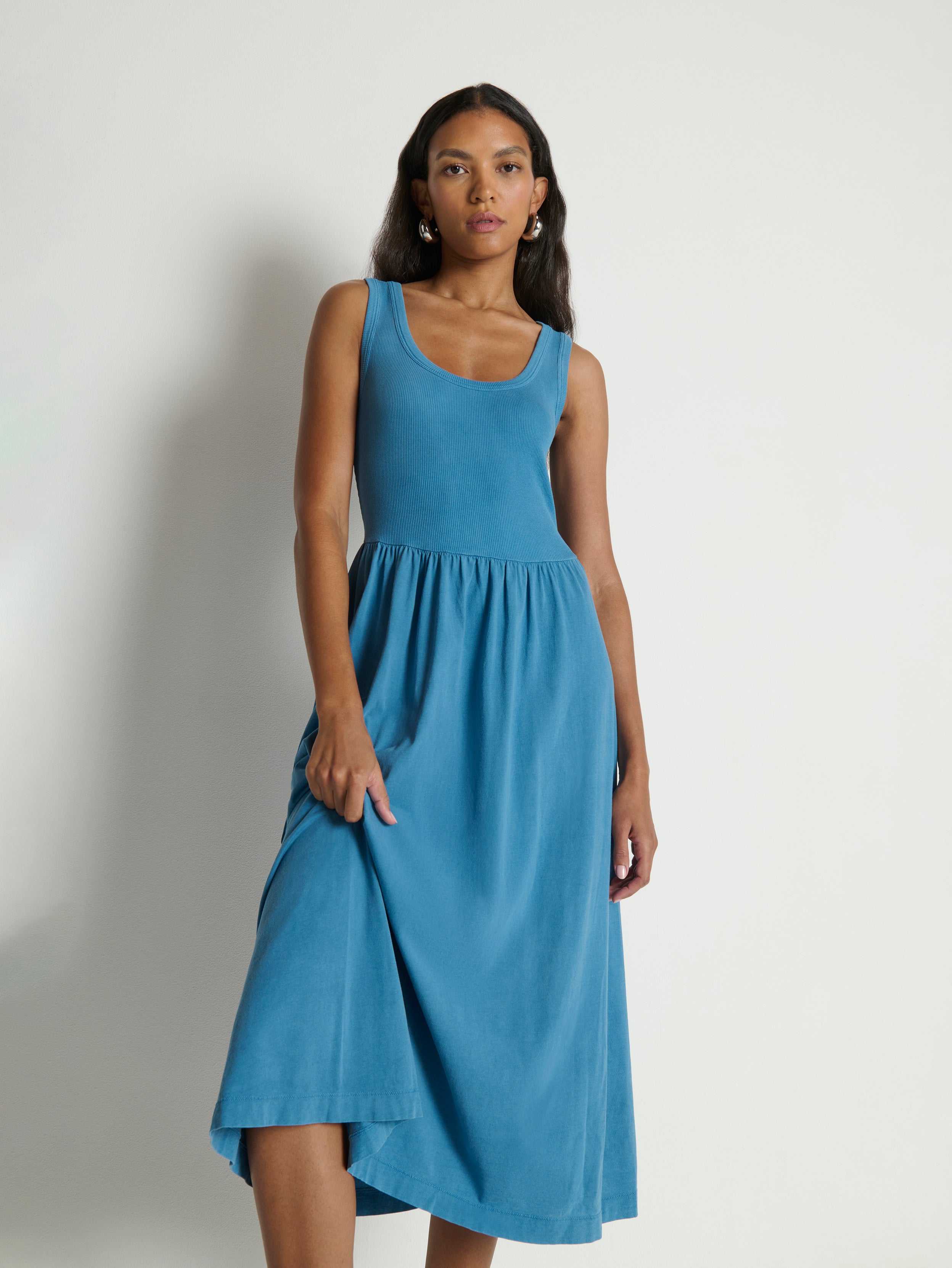 Rib Bodice Jersey Midi Dress - Indigo