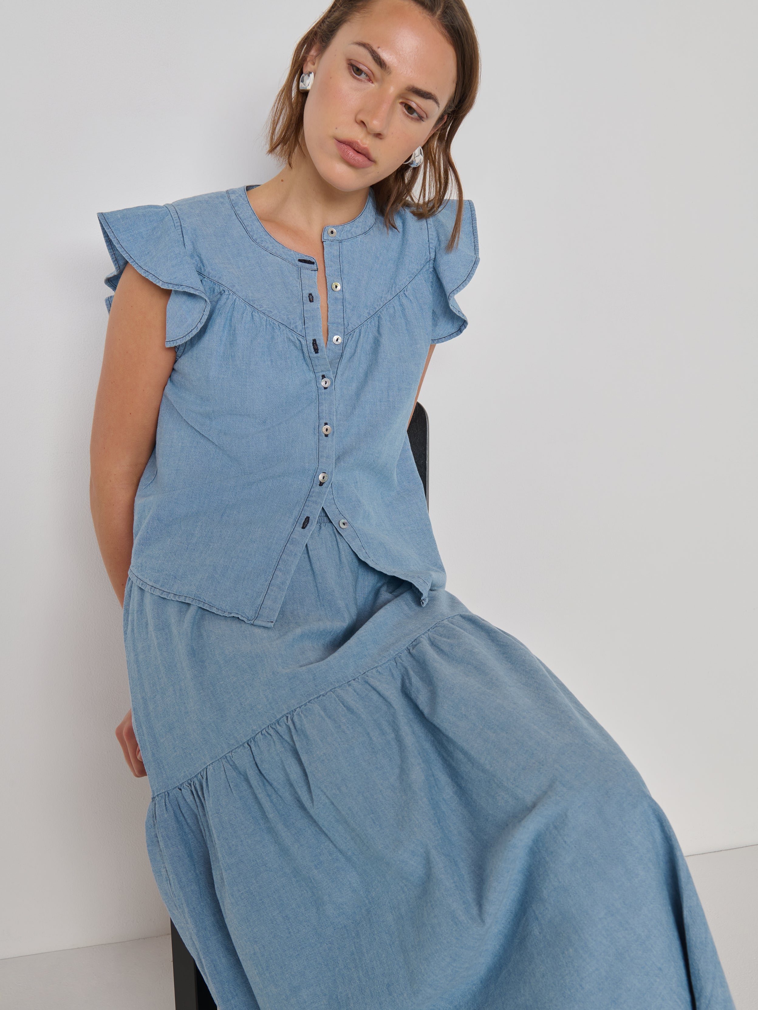 Flutter Cap Sleeve Organic Cotton Chambray Blouse - Chambray