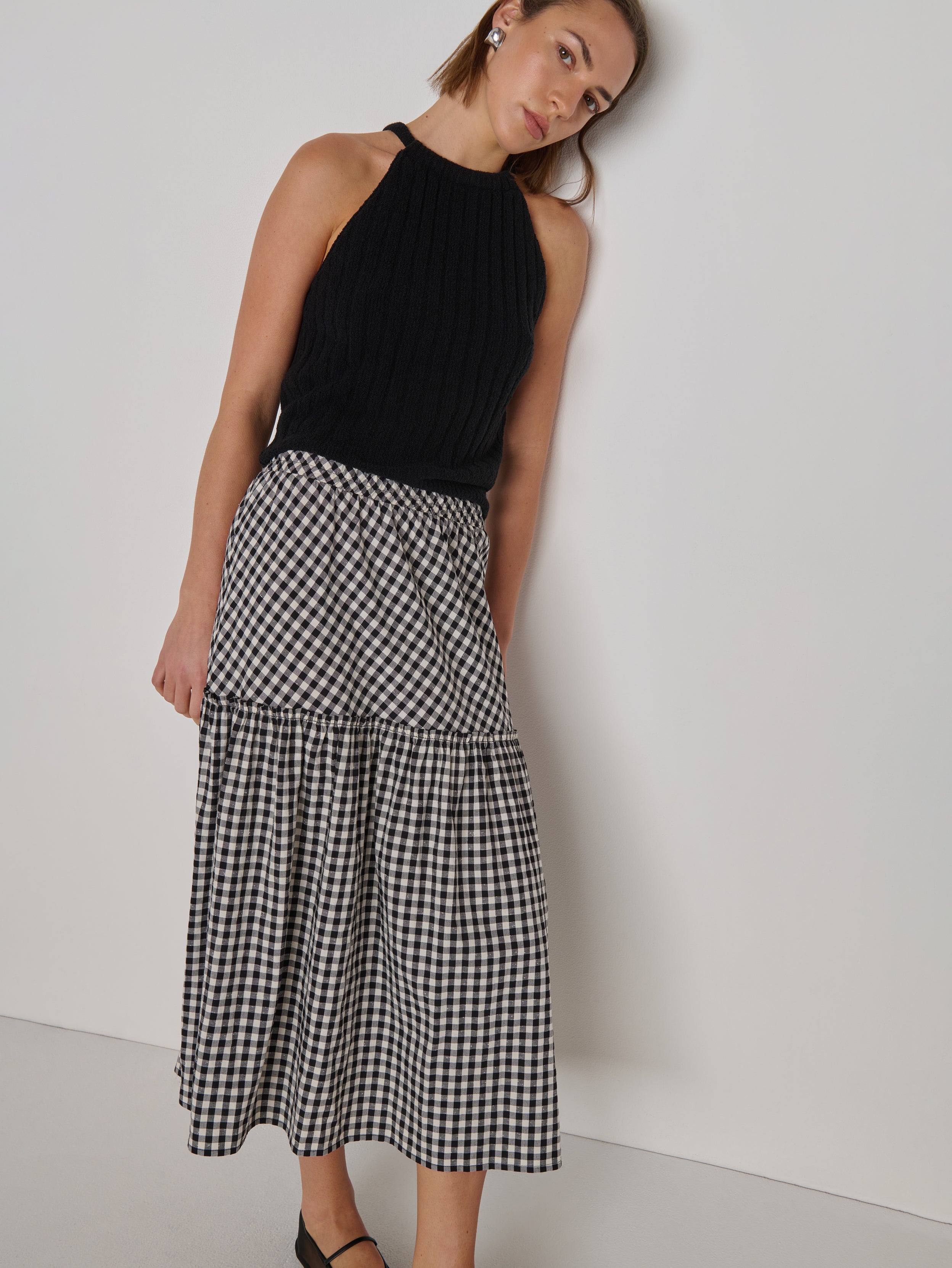 Tiered Ruffle Midi Skirt - Black Cream Gingham
