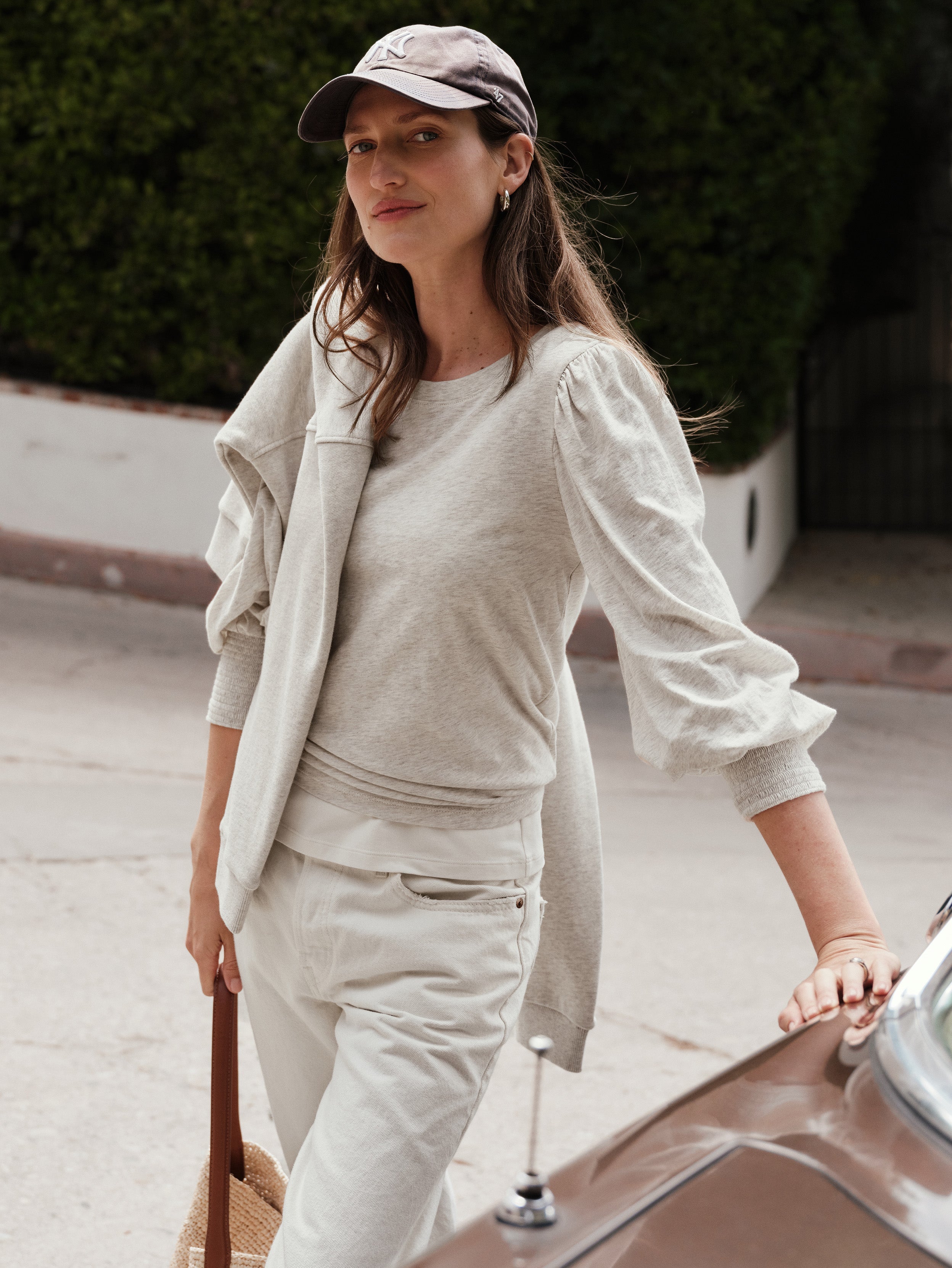 Smocked Cuff Puff Sleeve Cotton Tee - Heather Oatmeal