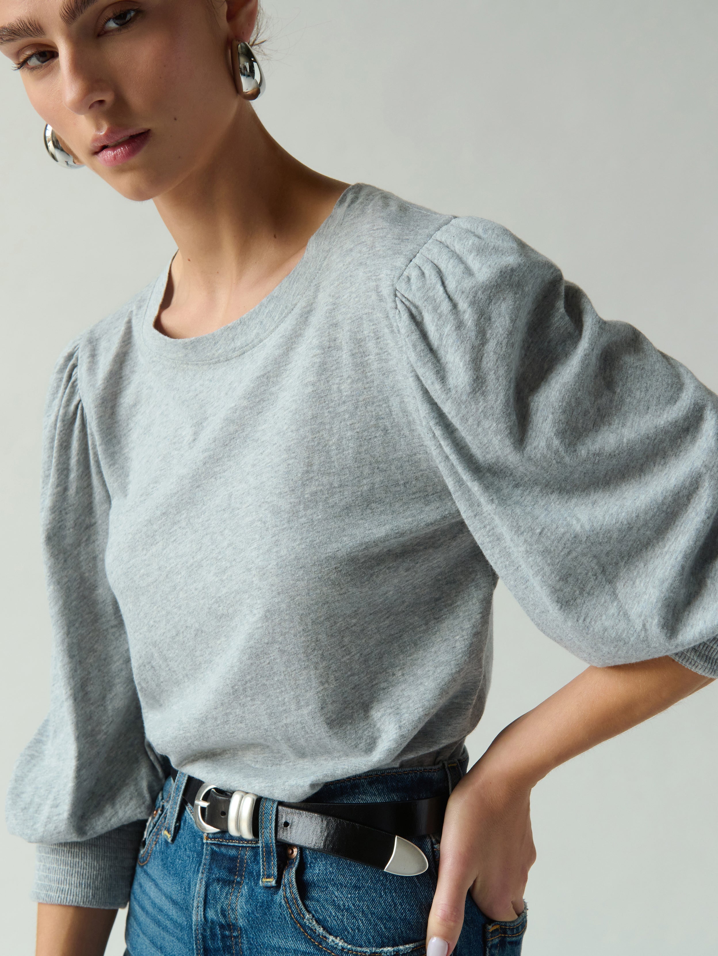 Smocked Cuff 3/4 Sleeve Cotton Tee – Heather Grey