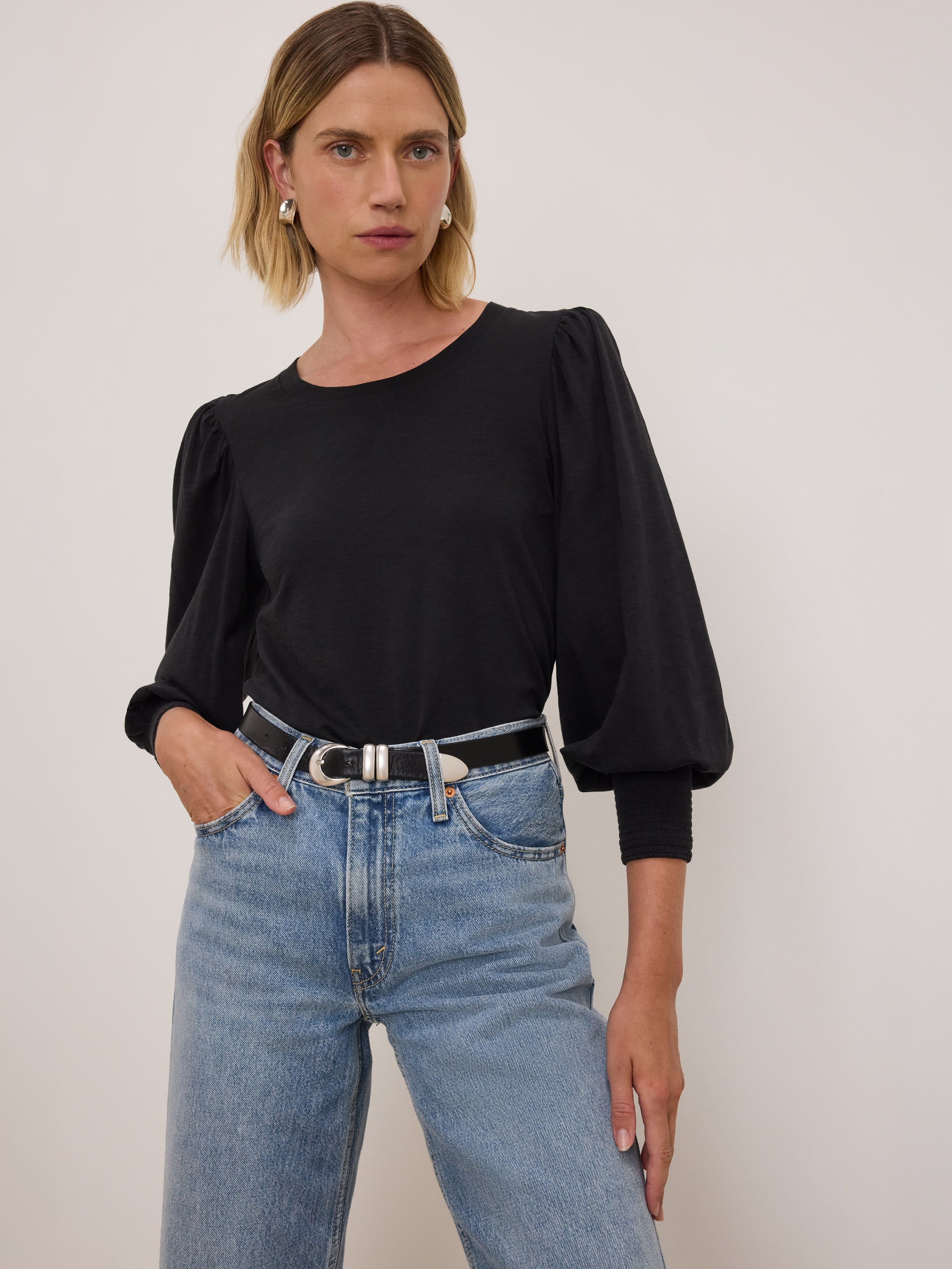 Smocked Cuff Puff Sleeve Cotton Tee - Jet Black