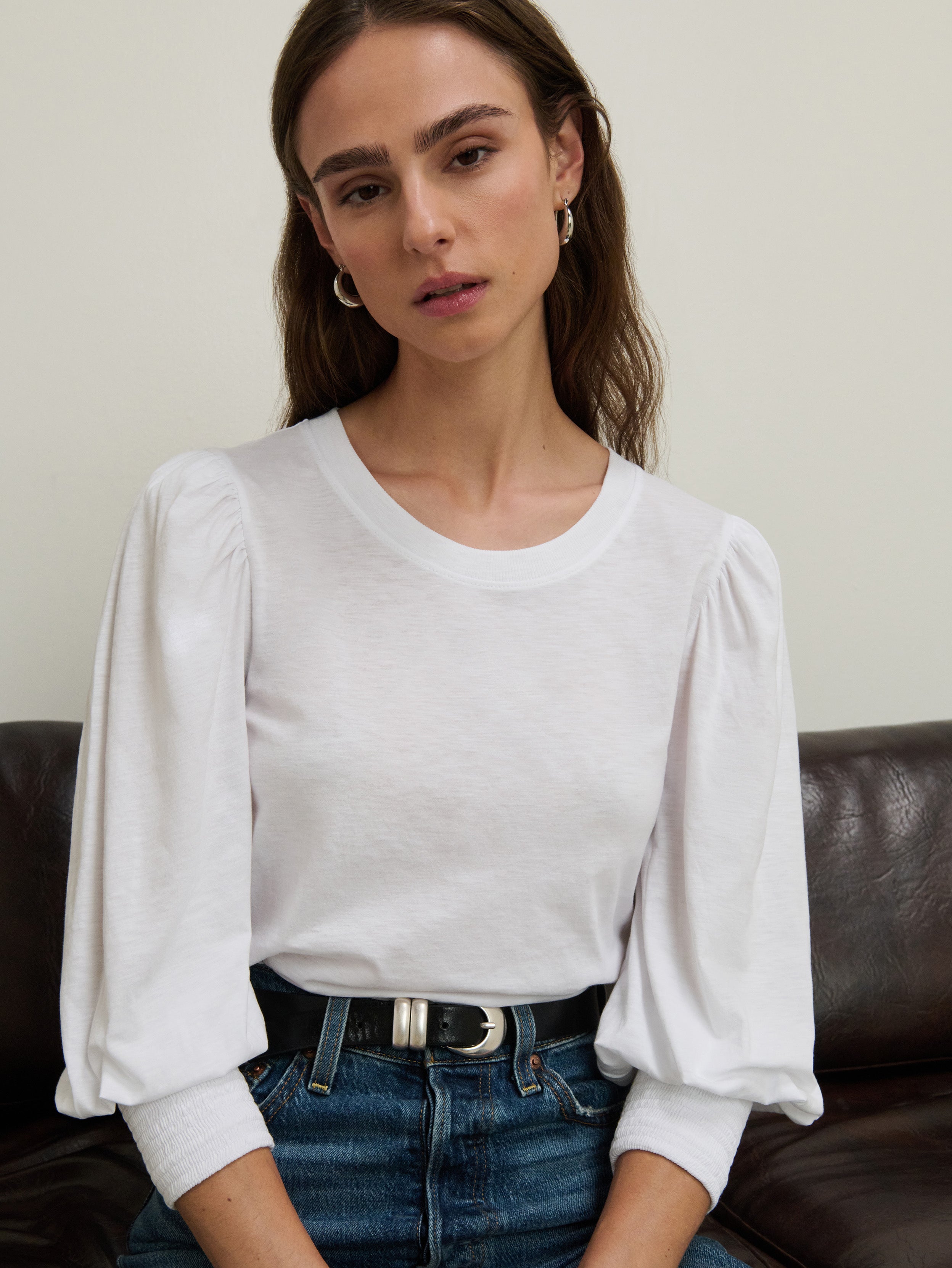 Smocked Cuff Puff Sleeve Cotton Tee - White
