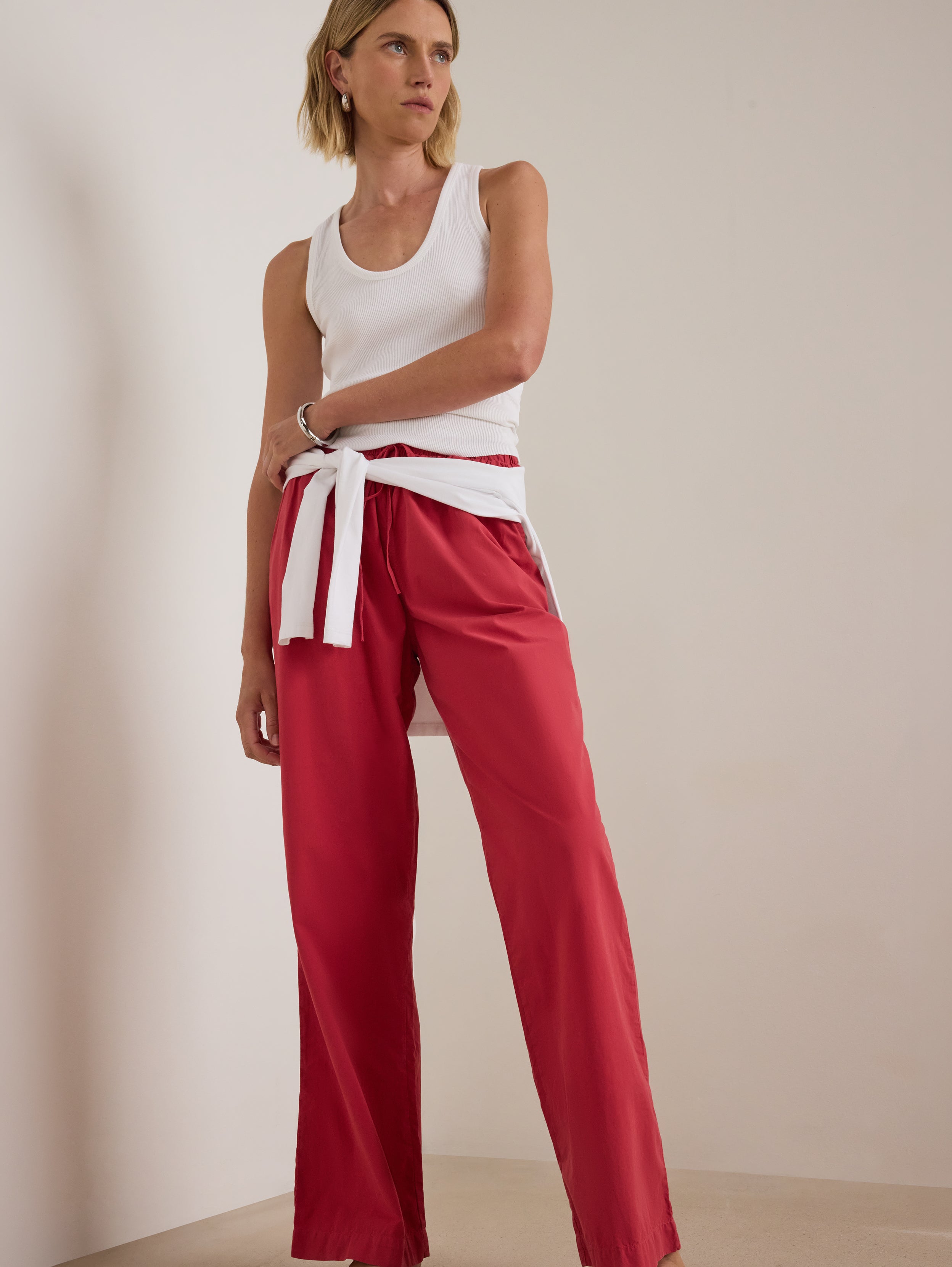 Tie Waist Straight-Leg Poplin Pant - Heartbeat Red