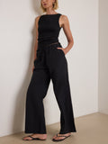 Pantalón recto de popelina con cintura de lazo - Negro azabache