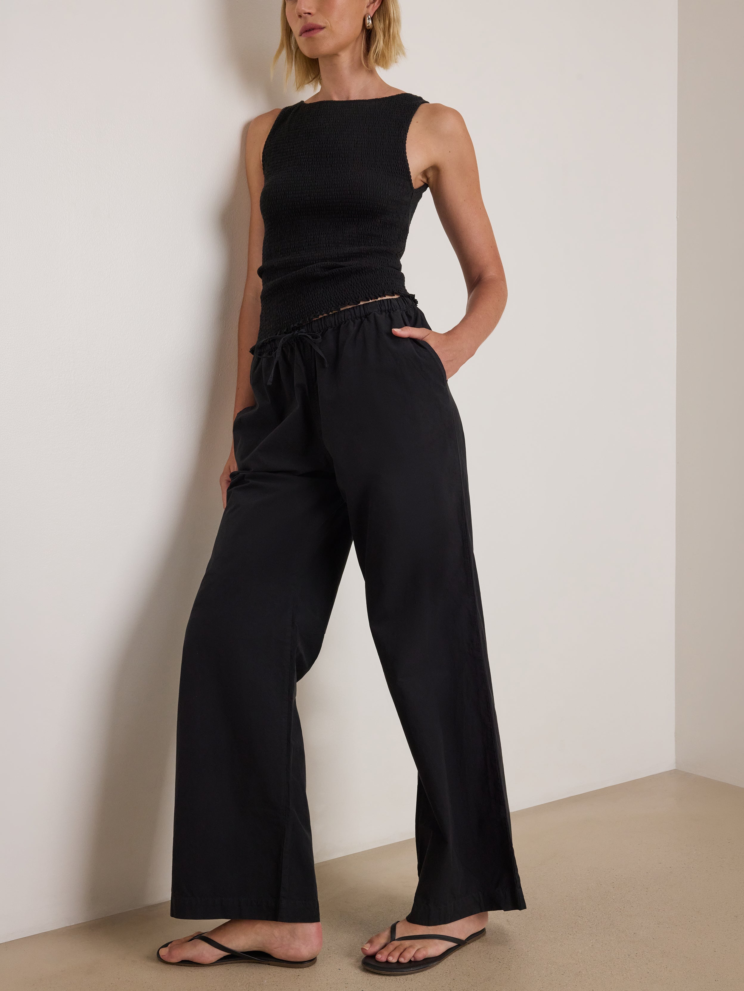 Tie Waist Straight-Leg Poplin Pant - Jet Black