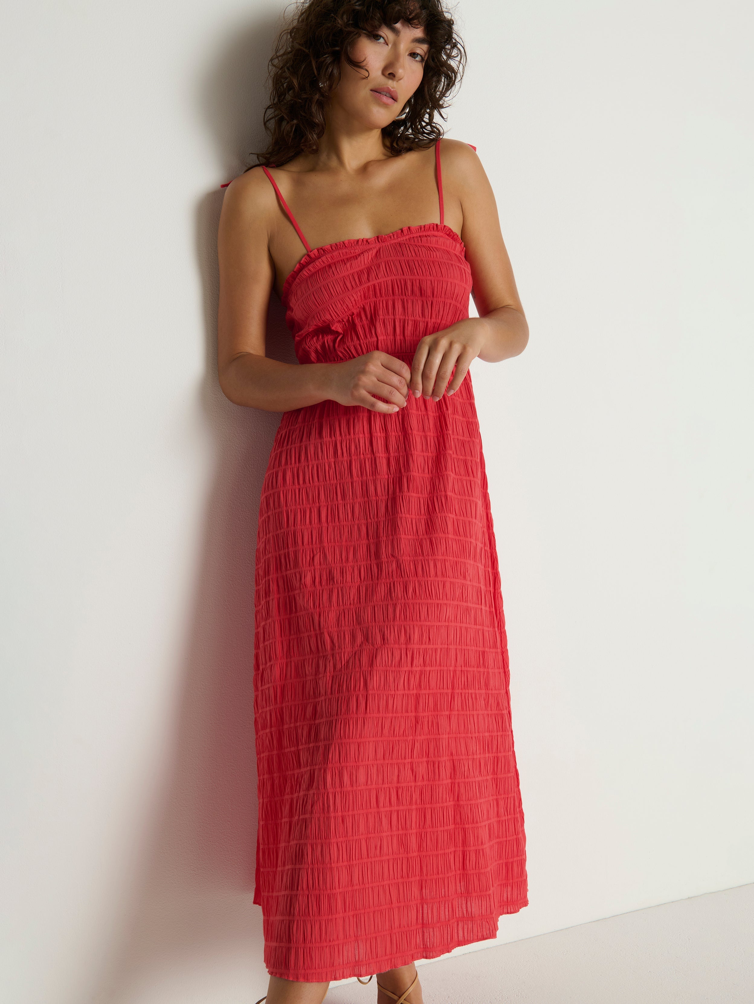 Spaghetti Strap Shirred Voile Midi Dress - Flora
