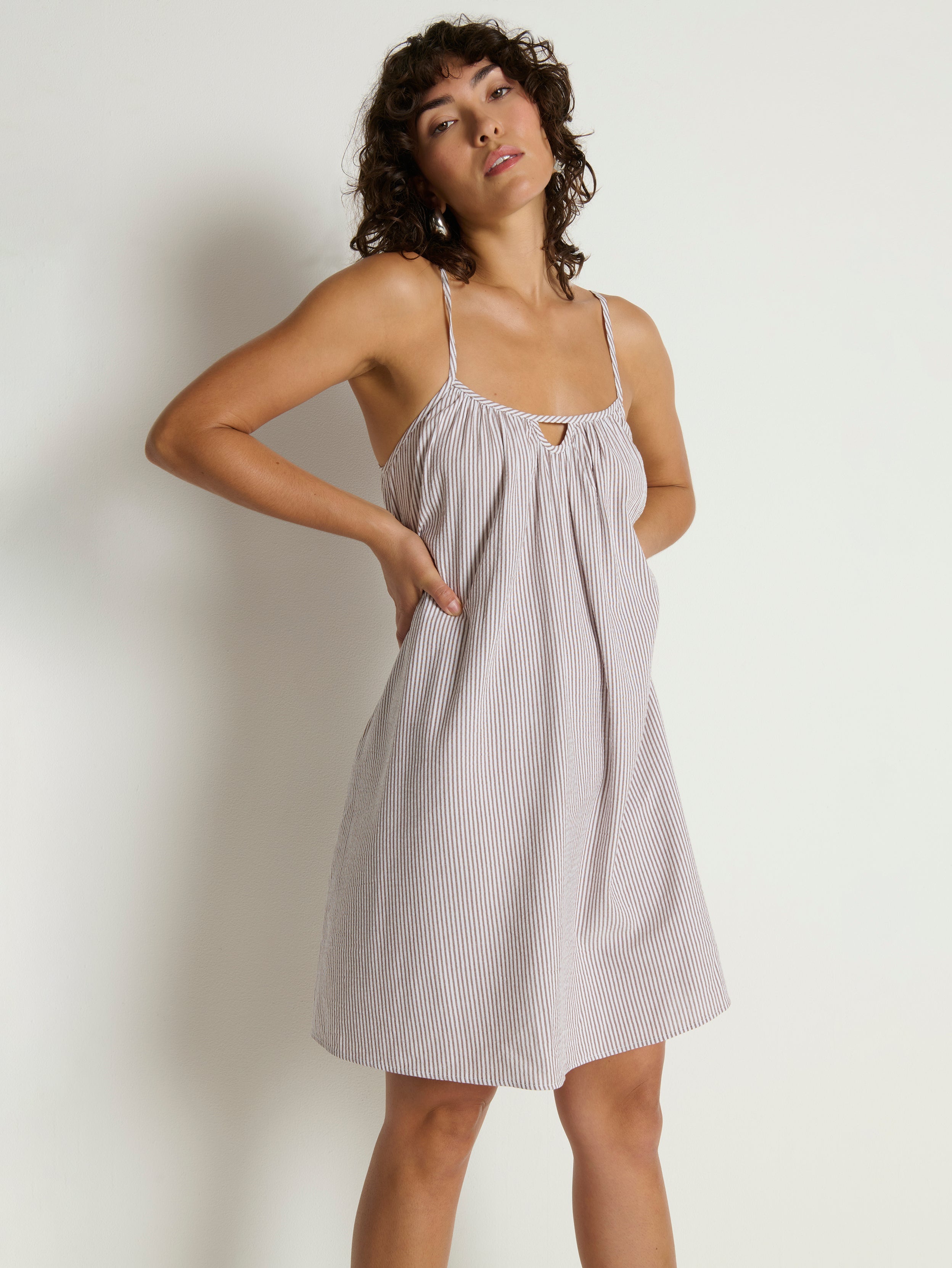 Tie-Back Seersucker Stripe Mini Dress - Praline Stripe