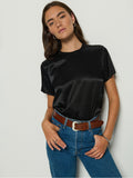 Cropped Rib Neckband Satin Top – Black