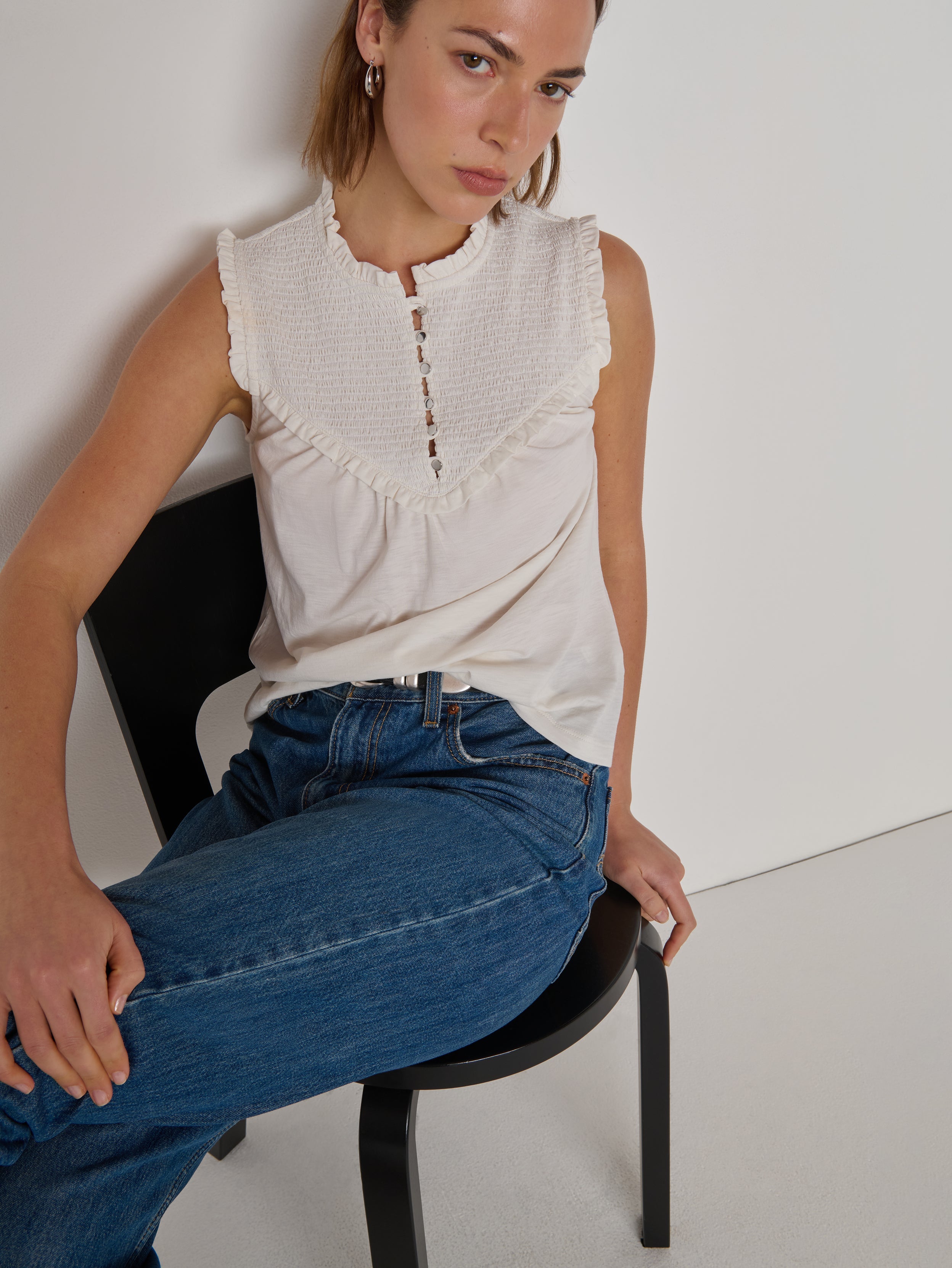 Ruffle Smocked Sleeveless Pima Cotton Top - Porcelain