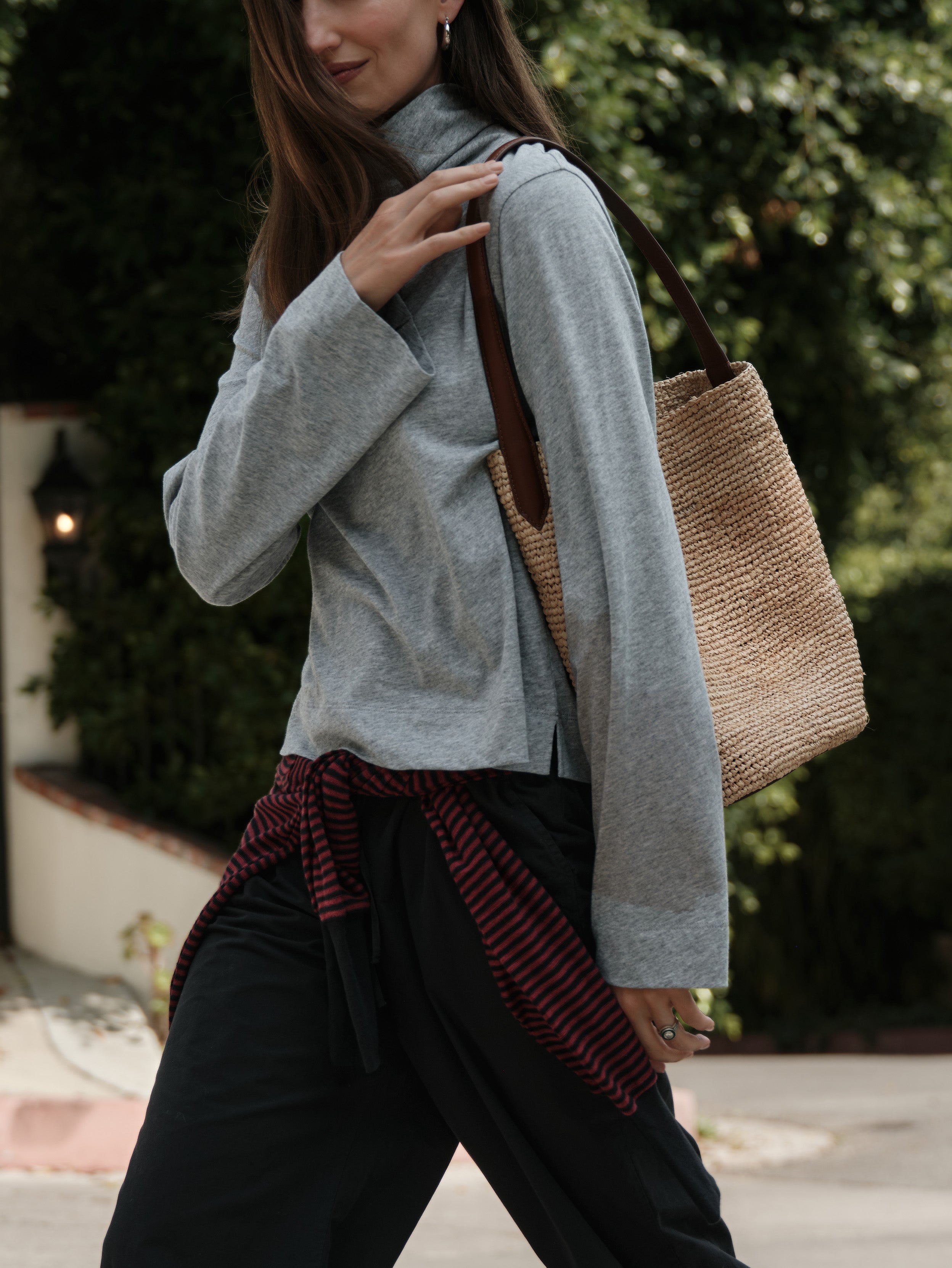 Side Slit Organic Cotton Folded Turtleneck - Heather Grey